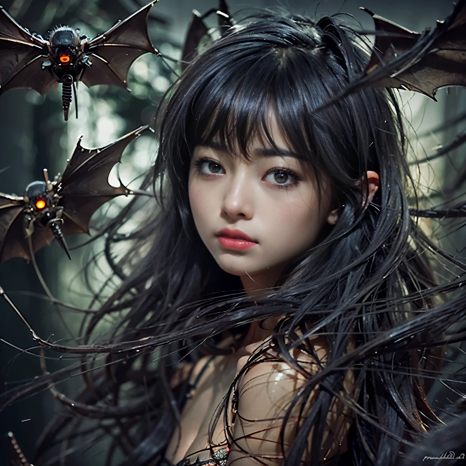 (masterpiece, best quality:1.2), (8k uhd, 16k, 32k, ultra high res), (photorealistic:1.37), (RAW photo), ultimate-realistic, ultimate-realistic details, ultimate-realistic texture, ultimate-intricate details, ultimate-realistic lighting, ultimate-realistic shadow, japanese girl, ultimate-cute face, ultimate-RAW skin, ultimate-realistic eyes, Beautiful Japanese girl with beautiful eyes and lips on upper body, spider body on lower body, bat wings, partly mechanical elements, 16 years old, vivid colors, detailed depiction of girl's hair blowing in the wind, realistic textures on the spider body, mechanical partssurrealistic lighting, eerie atmosphere, dark and mysterious background