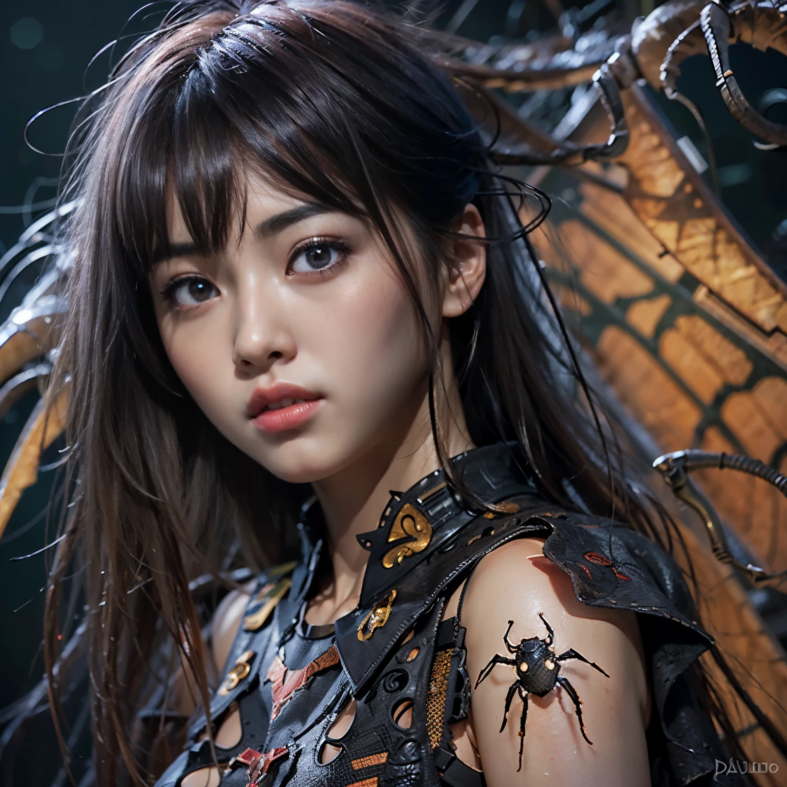 (masterpiece, best quality:1.2), (8k uhd, 16k, 32k, ultra high res), (photorealistic:1.37), (RAW photo), ultimate-realistic, ultimate-realistic details, ultimate-realistic texture, ultimate-intricate details, ultimate-realistic lighting, ultimate-realistic shadow, japanese girl, ultimate-cute face, ultimate-RAW skin, ultimate-realistic eyes, Beautiful Japanese girl with beautiful eyes and lips on upper body, spider body on lower body, bat wings, partly mechanical elements, , vivid colors, detailed depiction of girl's hair blowing in the wind, realistic textures on the spider body, mechanical partssurrealistic lighting, eerie atmosphere, dark and mysterious background