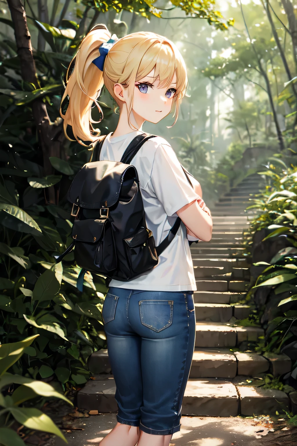 ((highest quality)), ((masterpiece)), (detailed), Perfect Face、in the forest、hiking、blonde、ponytail、Straight Hair、look back、fun、Short jeans、T-Shirts、cap、rucksack、sneakers、