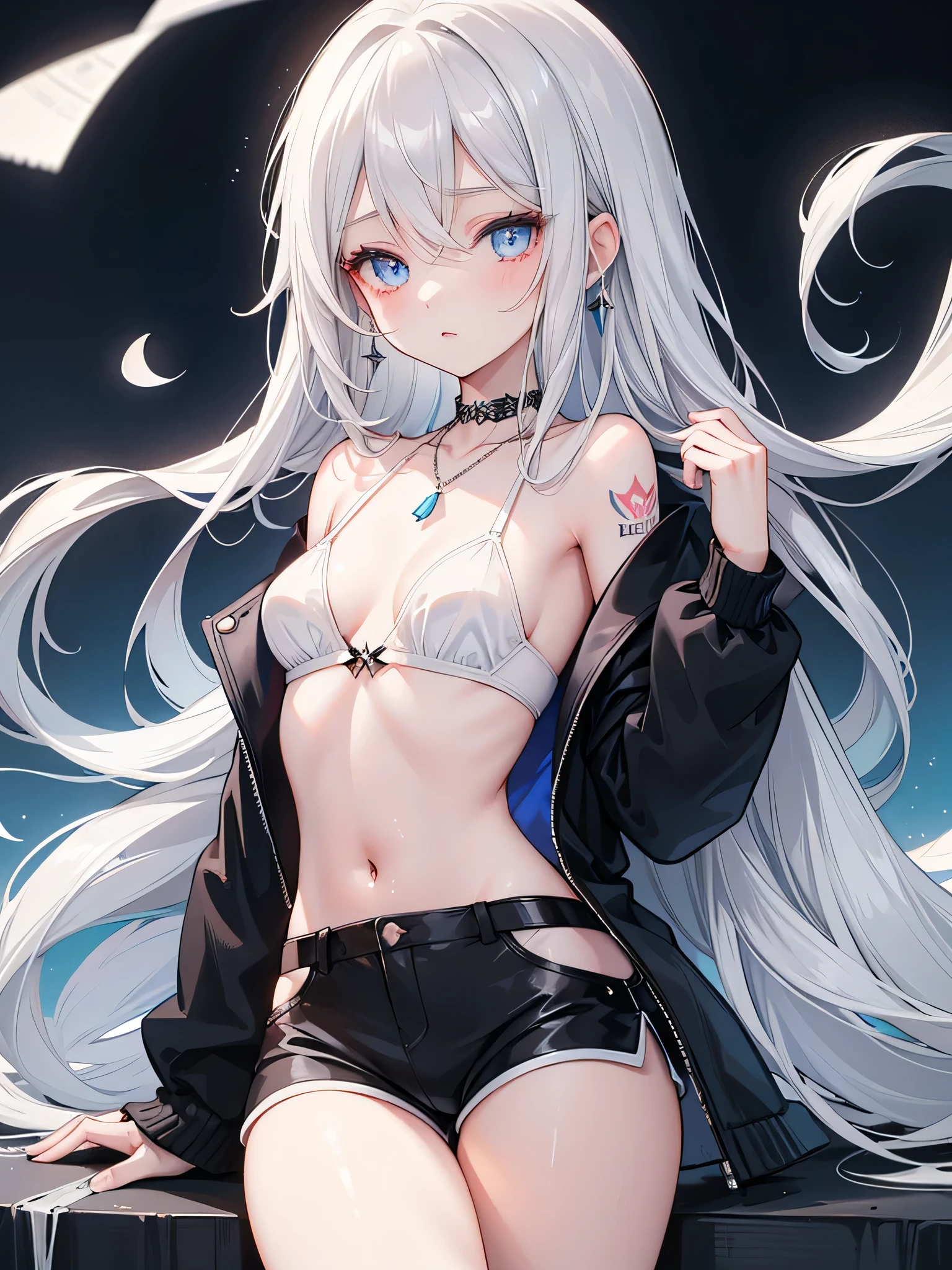 beautiful girl , Latifa , Long silver hair , Beautiful blue eyes , soft skin , She wears a black bra , Black shorts , Long white socks , Short white coat with fur , Small tattoo on right hand , She wears a beautiful black crescent-shaped necklace on her neck