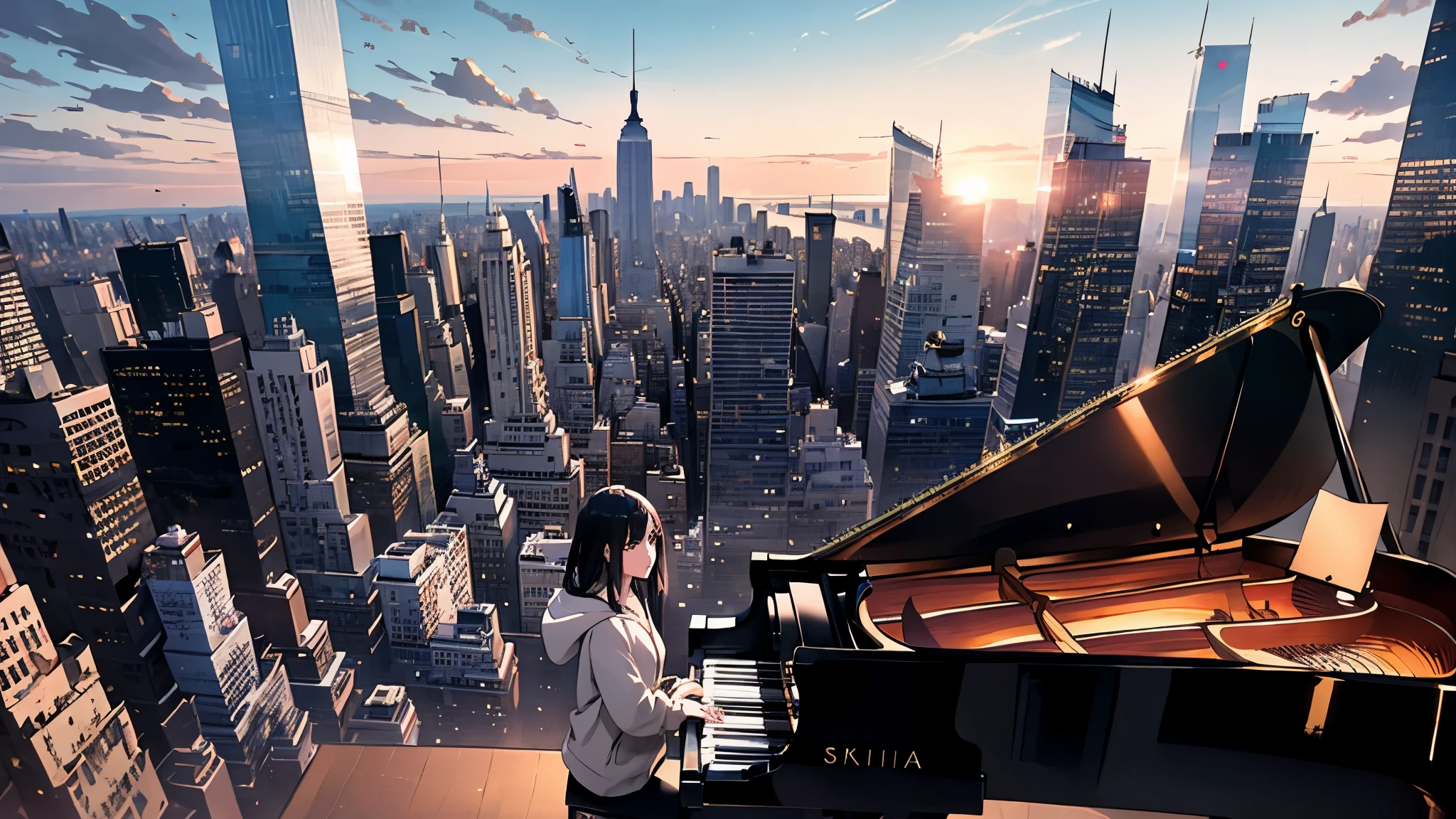 High resolution, grand piano on roof of skyscraper, grand piano with spotlight, one pianist, woman in white hoodie, cool woman, playing in crowd, ((fantastic)), New York cityscape, long black hair, sunrise
