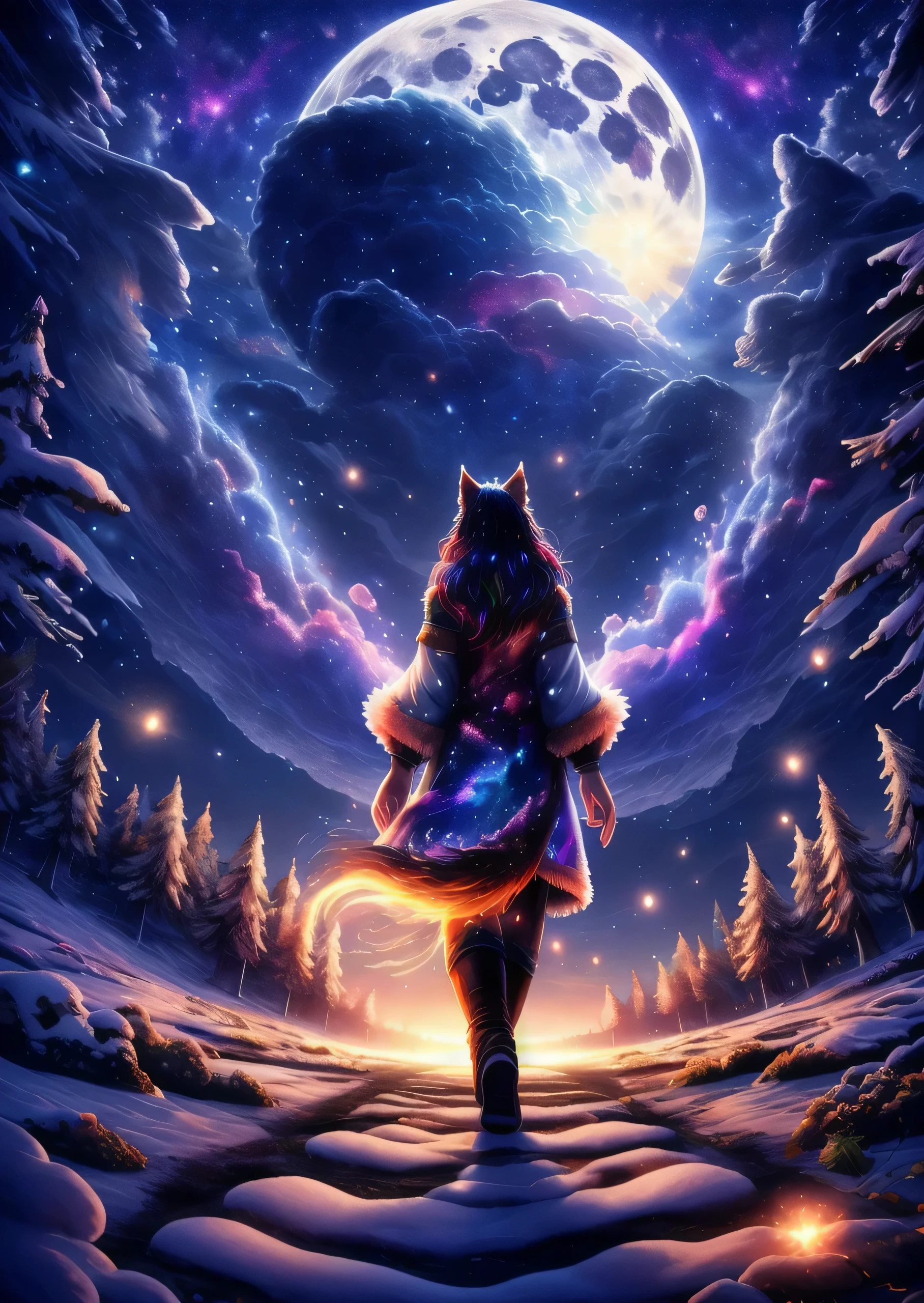 extensive landscape photography (a view from below showing the sky above and an open forest below), woman standing on a paved path looking at the landscape, hairy woman, wolf woman, full fur, magical fur ( particle of light around the wolf woman), full tail, big tail, magic tail, magic hair (long and bushy), heated outfit (made of high quality fur and embroidery), night decor, (full moon: 1.2 ), (shooting stars: 0.9), (nebula: 1.3), (warm light source: 1.2), (Firefly: 1.2), (snowflake: 1.0), (snow on tree) (masterpiece: 1.2), (best quality), 4k, ultra detailed, (dynamic composition: 1.4), highly detailed and colorful details, (iridescent colors: 1.2), (bright lighting, ambient lighting), dreamy, magical, (alone: 1.2)