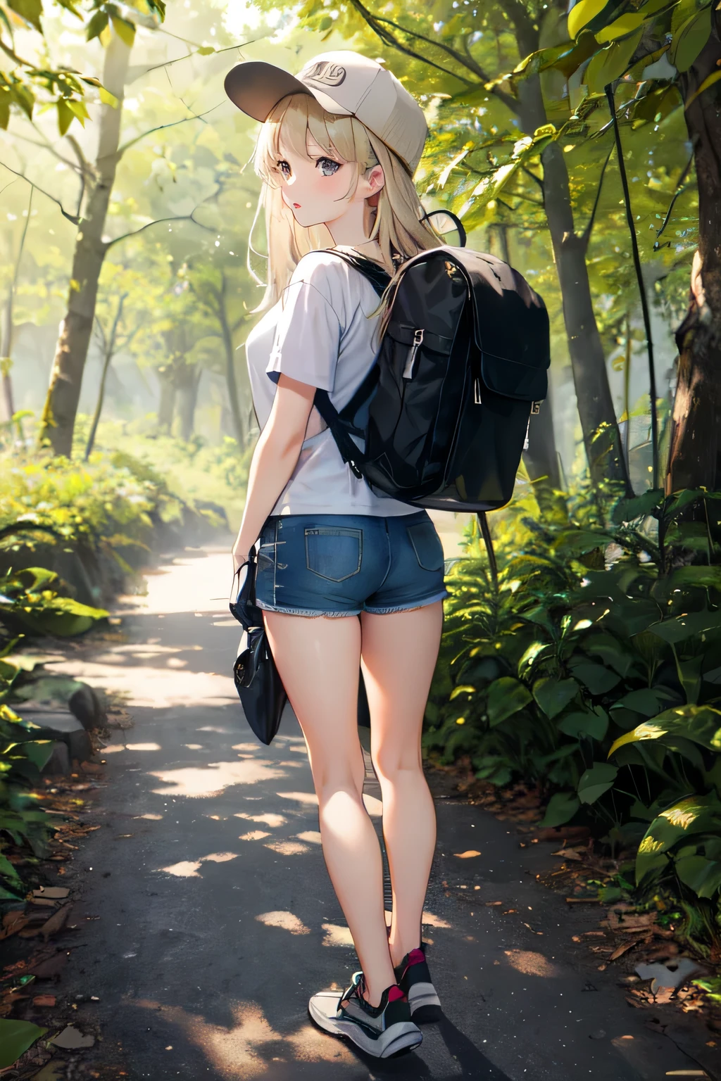 ((highest quality)), ((masterpiece)), (detailed), Perfect Face、in the forest、hiking、blonde、Straight Hair、look back、fun、Jean Shorts、T-Shirts、hat、rucksack、sneakers、