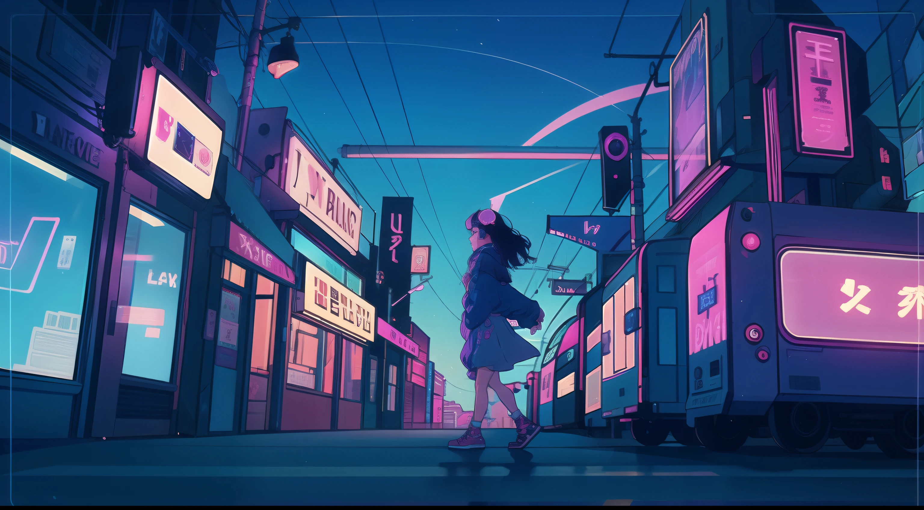 City of night, Girl walking down the street, She has Hee Fong, A cat chases her, Blue and purple, praise, 80's, Retro, Neon Light