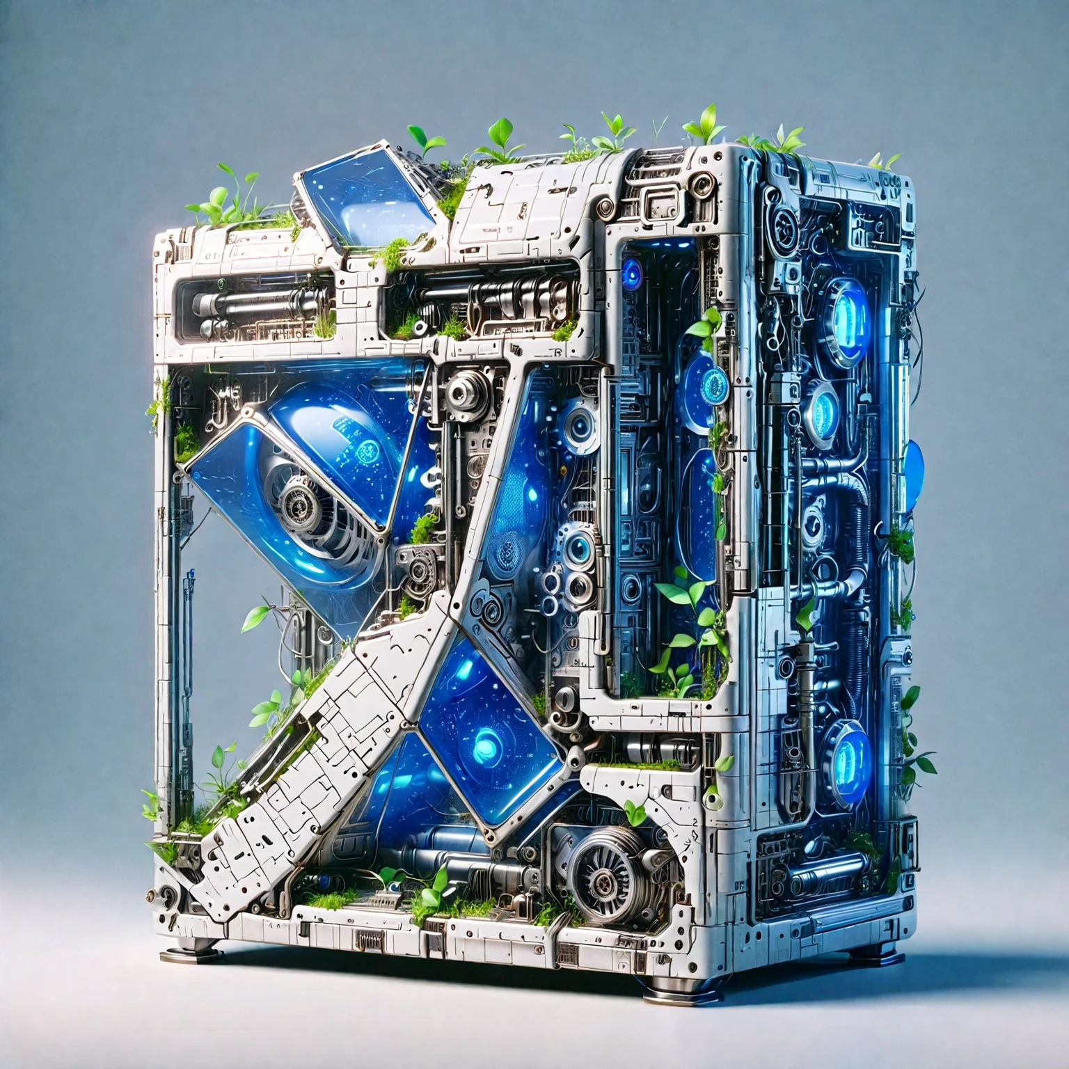 the art of mathematics，Cyberpunk，equipment，White ceramic housing，Blue transparent glass，3D Rendering，Chasing Light，Reasonable structure，The internal structure is complex