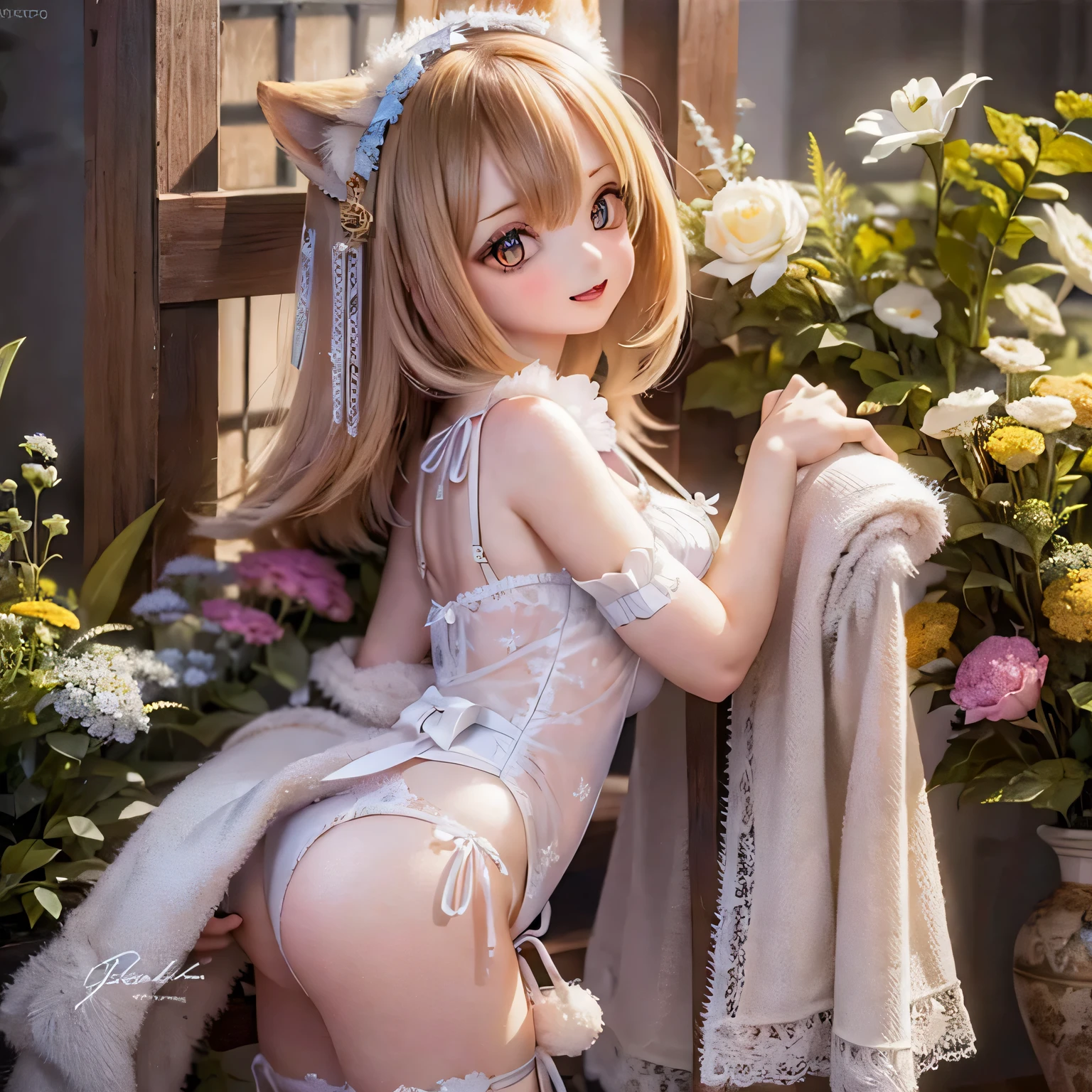 A girl with a Sexy pose, wearing (((((negligee)))))), Busty Shiba Inu Height: 140cm Stage Bar Stage Voluptuous Body Looking Back Captivating Smile Tag: Sexy pose, Detailed face, Expressive eyes, Lips become thicker, beautiful girl, Feminine charm, Captivating Gaze, Captivating smile, Confident attitude, laces details,, Silky fabric, Warm lighting, Captivating color palette, Exquisite detail, Ragdoll cat soft fur, Playful Expression Standing Baby Doll Turn around and show your butt