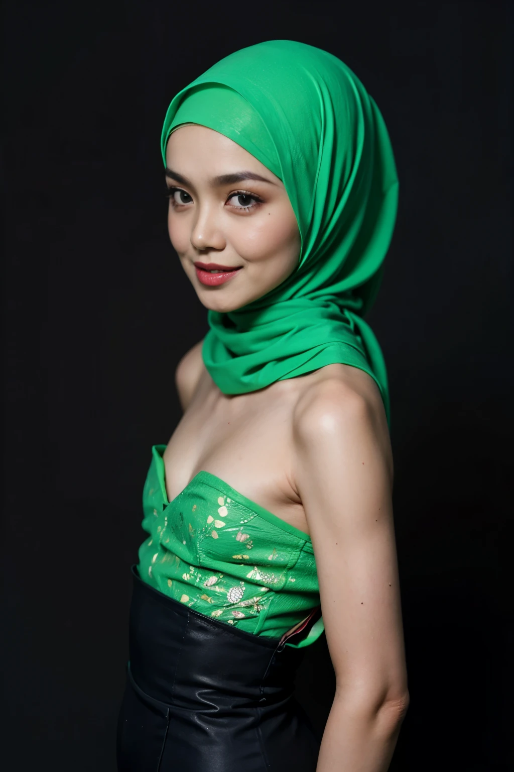 (from behind up) seductive pose, ((Flat Chest:1.7)), (Happy smile), (((HIJAB MALAY GIRL))), masutepiece, High quality, UHD 32K, Realistic face, Realistic skin feeling , A Japanese Lady, 38 years old matured lady, (((FLAT CHEST))), (Night time at forest), ((look In front at the camera and SADNESS)), (((GREEN FLUORESCENT & GREEN FLUORESCENT))), ((GREEN FLUORESCENT LIPS)), ((Floral Pattern)), ((wearing pastel lace strapless)), dark night background , black forest night, horror scary place,