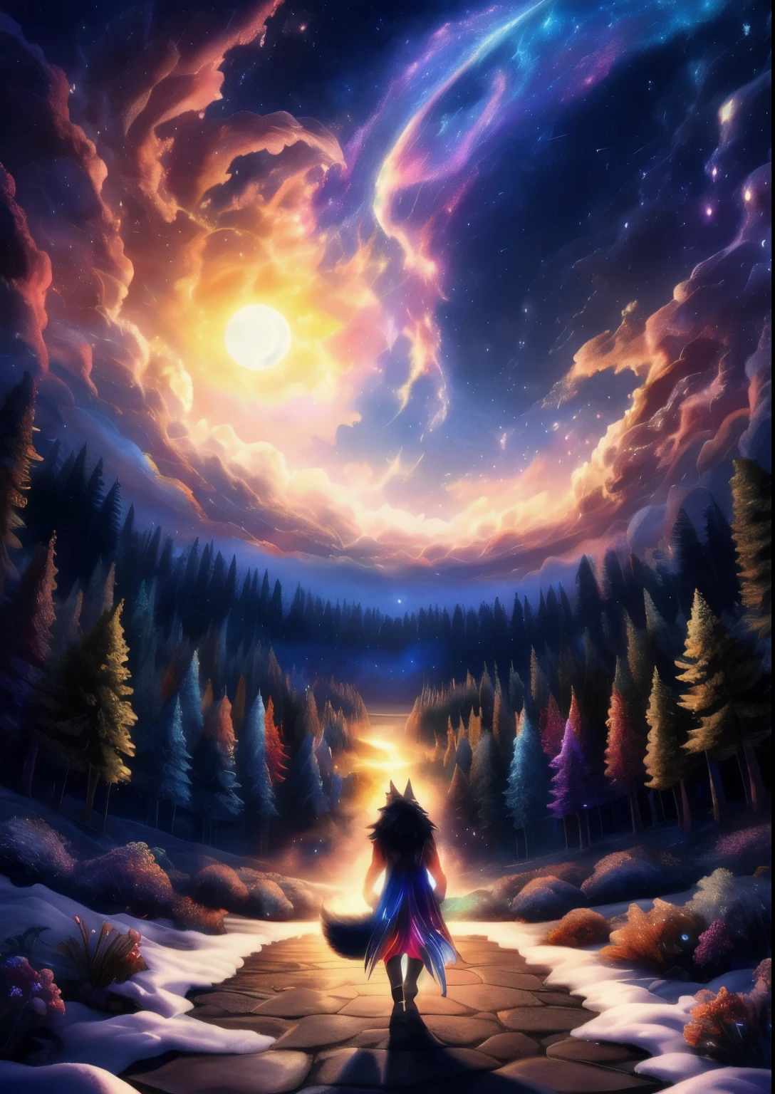 extensive landscape photography (a view from below showing the sky above and an open forest below), woman standing on a paved path looking at the landscape, hairy woman, wolf woman, full fur, magical fur ( particle of light around the wolf woman), full tail, big tail, magic tail, magic hair (long and bushy), heated outfit (made of high quality fur and embroidery), night decor, (full moon: 1.2 ), (shooting stars: 0.9), (nebula: 1.3), (warm light source: 1.2), (Firefly: 1.2), (snowflake: 1.0), (snow on tree) (masterpiece: 1.2), (best quality), 4k, ultra detailed, (dynamic composition: 1.4), highly detailed and colorful details, (iridescent colors: 1.2), (bright lighting, ambient lighting), dreamy, magical, (alone: 1.2)