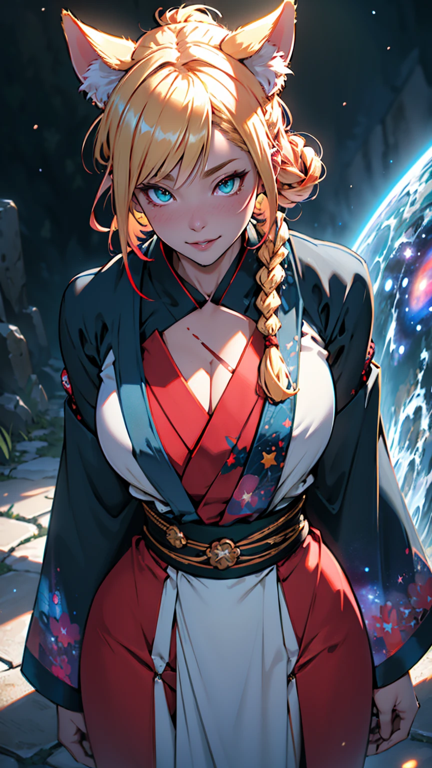 Highly detailed RAW color photo, beautiful young woman, short blonde hair,Female kitsune with 9 tails and a white yukata, kemonomimi mode, purpulish (blue | red | green) eyes, red eyeshadow, blonde hair, very long hair, braid, hime cut, seductive smile, naughty face, pov, dynamic pose, (wide hips), (detailed skin), (detailed lips), (detailed eyes), (cosmic: 1.4), (necropolis: 1.1), (science fiction setting) (detailed face), (curvy), detailed eyes, chromatic aberration, depth of field, soft lighting, masterpiece, best quality, intricate, (lens reflection: 0.7), (flowering: 0.7), particle effects, ray tracing, tone mapping, highly detailed, concept art, smooth, sharp focus, dramatic lighting, highly detailed art, cinematic, hyper-realistic painting, trending on Artstation, 8K, amazing shadows, realistic, (highly detailed background: 1.2), mid-journey art, no nswf