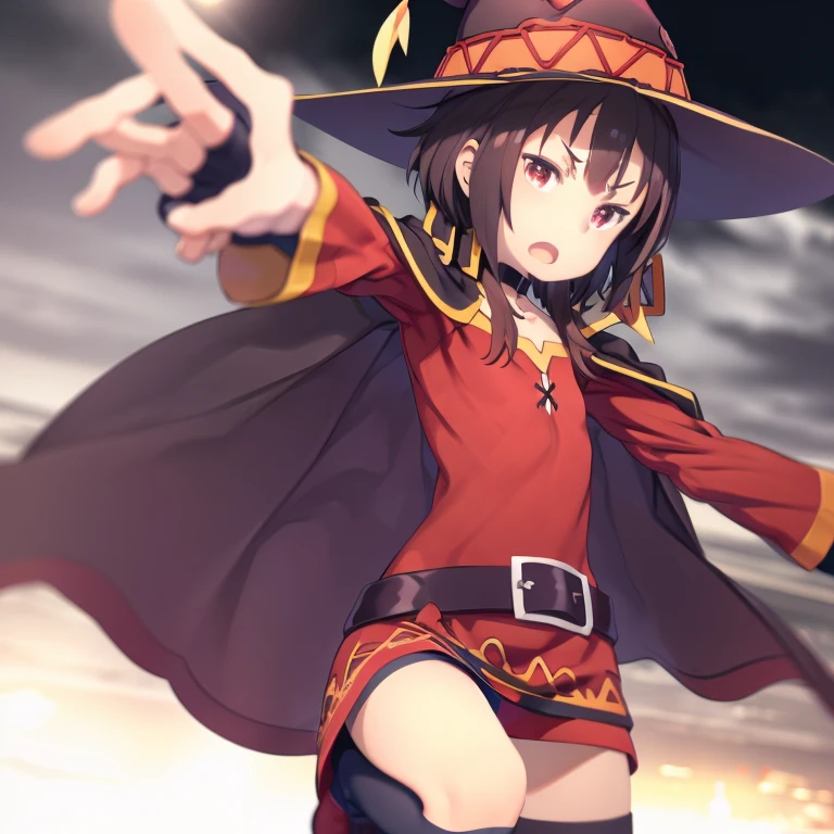 highest quality, masterpiece, High resolution、Cowboy Shot、１People Girls、Red eyes、short hair、Brown Hair、choker、clavicle、short hair with long locks、Side Lock、Small breasts、Witch Hat、Black Cape、Black knee socks、bandage、Red dress、Black gloves、Single knee socks、belt、Orange boots、Asymmetrical legwear、bandageを巻いた足、Long sleeve、Fingerless gloves、V-shaped eyebrows、Open your mouth、pose、Dynamic pose、Fighting、Uses magic、Fantasy、