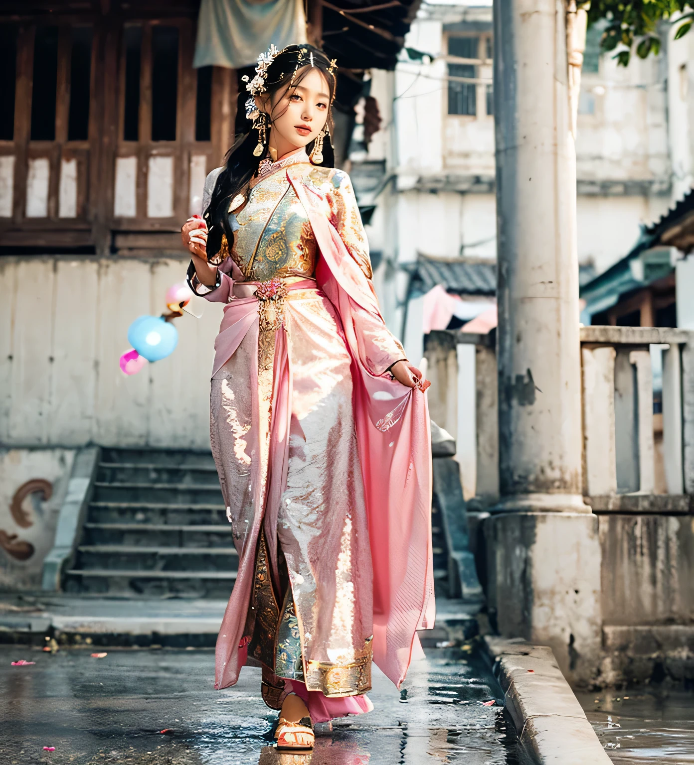 (goddess-like happiness:1.2), Gentle and lovely Burmese Girl, double eyelids, peach blossom eyes, pink lips, small nose, close-up of face, super high definition, super detail, full body photo, Facing the Camera, Myanmar's Long-gyi, best ratio, Burmese Style, floating hairs, Traditional Burmese dress, Long-gyi, (RAW photo:1.2), (photorealistic:1.4), (masterpiece:1.3), (intricate details:1.2), A glamorous Burmese beauty walks confidently and elegantly down an old streets of Myanmar in Long-gyi, and when she reaches the end of a footbridge, she stops and strikes a pose to show off her outfit from all angles.