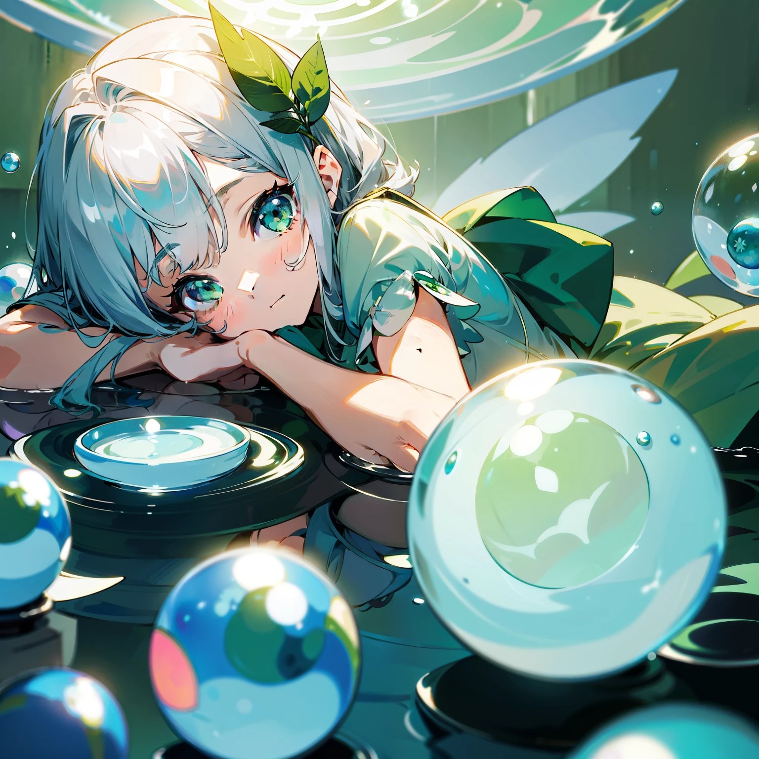 beautiful、Silver Hair、Cute girl with a glass、Multiple light blue marbles、green、greenいビー玉、Multiple marblearbles in a glass、race