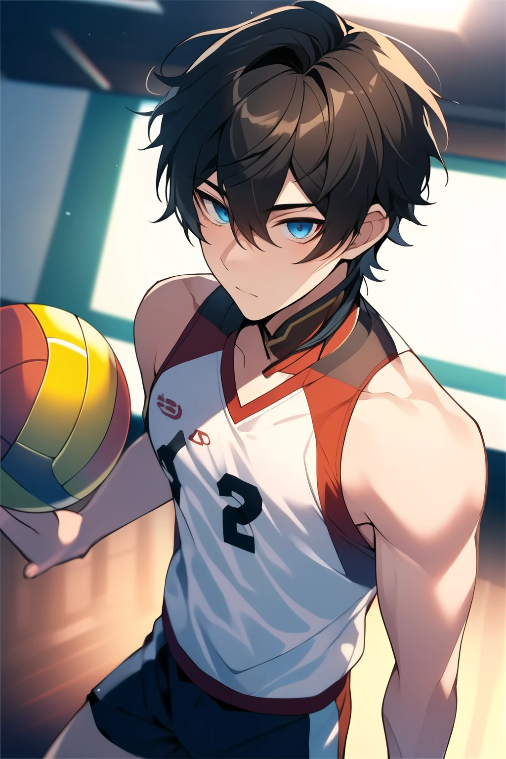 ((best quality)), ((masterpiece)), (Details Yinyuejun\(Features\),short hair\(feature\),Blurred background,Volleyball Room,Backlight,One-handed ball，abdomen、Chest muscles、whole body、A boy in sportswear、Solo), Perfect face，