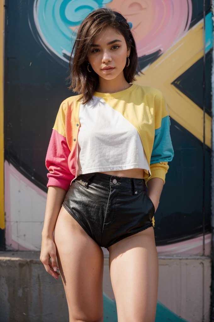 A 25-year-old influencer girl poses confidently in front of a vibrant mural in a trendy urban district. She wears a stylish outfit that showcases her unique sense of fashion. Her expression is radiant and engaging, capturing the attention of passersby. The lighting is natural and flattering, highlighting her features and the colorful backdrop. The style is a high-resolution photo with a slightly cool, urban aesthetic. Camera: Canon EOS 5D Mark IV. Lens: Canon EF 50mm f/1.2L USM.