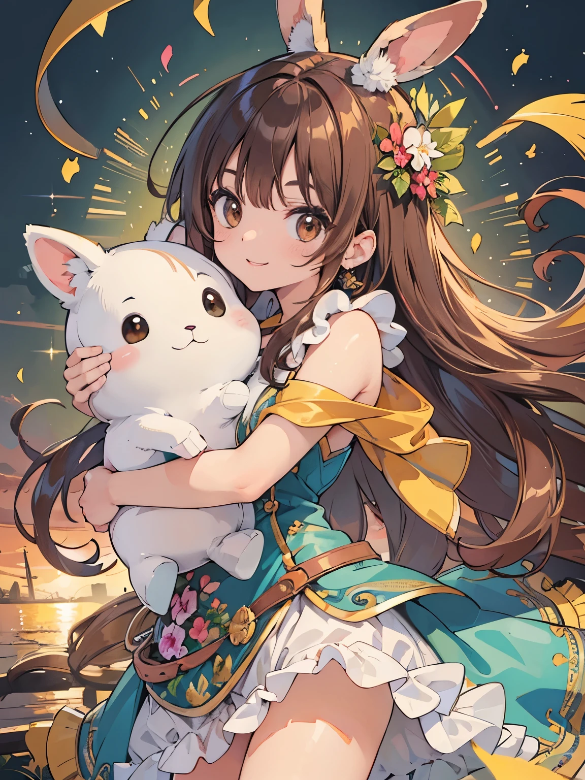 1 Female、Brown hair、Brown Eyes、Best Quality、Super detailed、8 Resolution、Raw photo、Mastepiece、Perfect Body、high resolution、highest quality、Detailed drawing、Vibrant colors、lure、smile、Long Hair、Captivating breasts、Rabbit、hug、zoo、Check One Piece