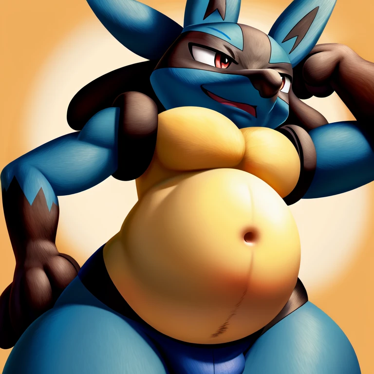 ((highest quality)), ((masterpiece)), (detailed), Perfect Face ((Lucario)) (Pokémon) original  (Chest corners)   ((Perfectly round belly)) Belly bulge