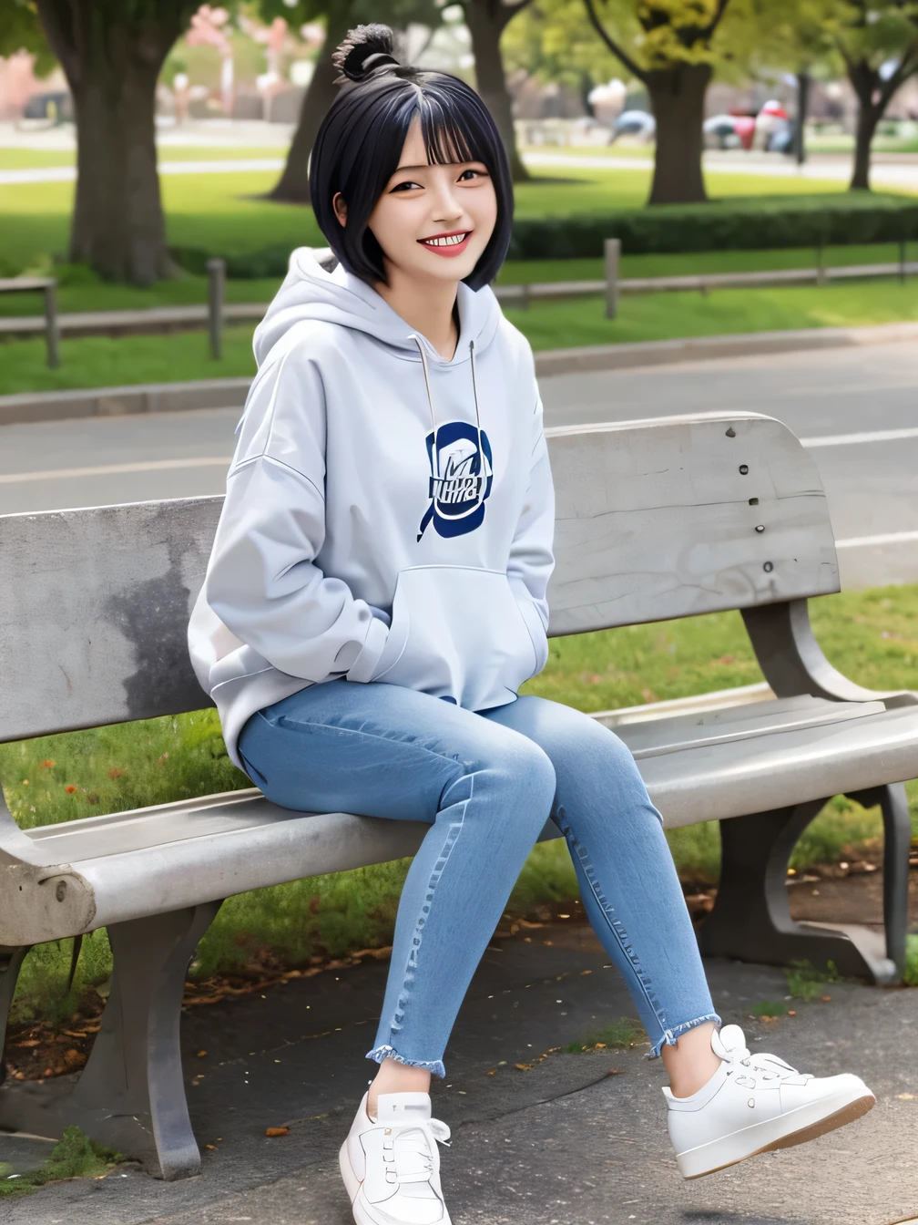 highest quality)), ((masterpiece)), (Get used to it), Perfect Face、((highest quality)), A beautiful and elegant woman sitting on a park bench、ear piercing、hoodie、Skinny jeans、sneakers、Black Hair、Short Haircut、Smiling with teeth showing、Full body photo、Ear piercing information