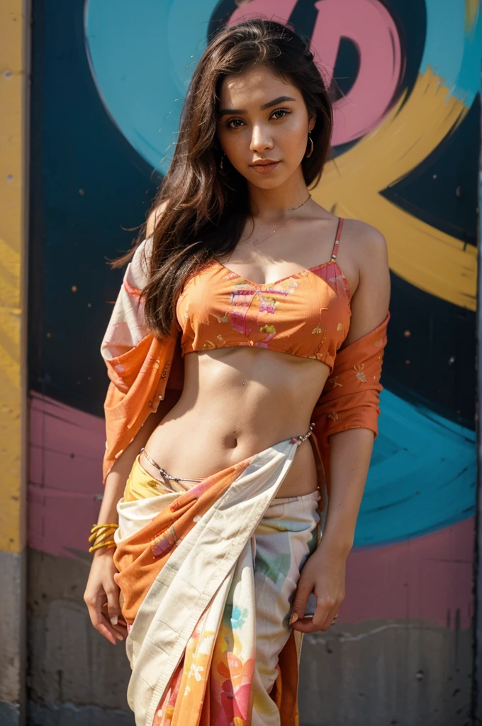 A 25-year-old influencer girl poses confidently in front of a vibrant mural in a trendy urban district. She wears a stylish saree that showcases her unique sense of fashion. Her expression is radiant and engaging, capturing the attention of passersby. The lighting is natural and flattering, highlighting her features and the colorful backdrop. The style is a high-resolution photo with a slightly cool, urban aesthetic. Camera: Canon EOS 5D Mark IV. Lens: Canon EF 50mm f/1.2L USM.