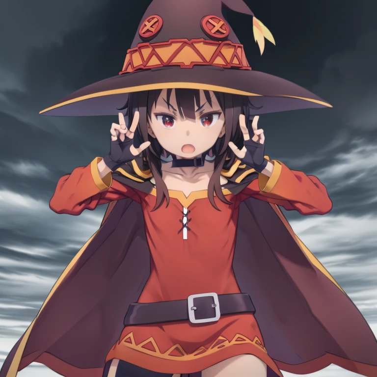 highest quality, masterpiece, High resolution、Cowboy Shot、1People Girls、Red eyes、short hair、Brown Hair、choker、clavicle、short hair with long locks、Side Lock、Small breasts、Witch Hat、Black Cape、Black knee socks、bandage、Red dress、Black gloves、Single knee socks、belt、Orange boots、Asymmetrical legwear、bandageを巻いた足、Long sleeve、Fingerless gloves、V-shaped eyebrows、Open your mouth、pose、Dynamic pose、Fighting、Uses magic、Fantasy、Aura emanates from the whole body、magic circle、