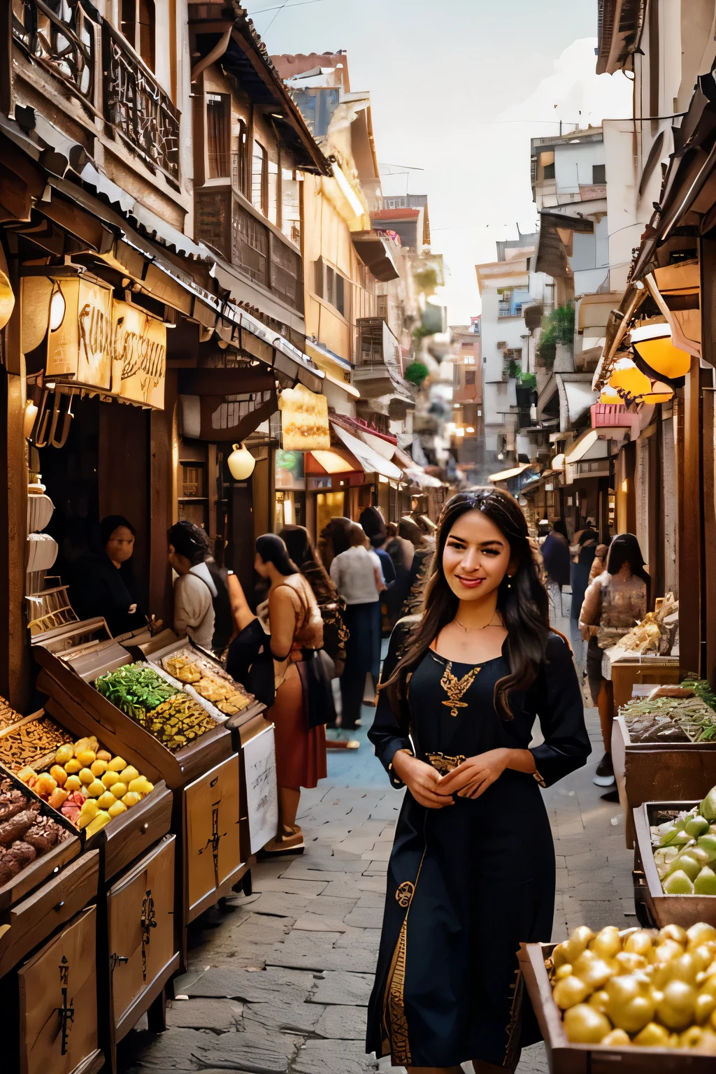 In an ancient retro city filled with people, buildings made of wood (best quality, nostalgic, vintage, retro:1.1), bustling marketplaces, and vibrant streets, capture the essence of a bygone era. The tall wooden structures (detailed, elegant architecture) dominate the skyline, adorned with intricate carvings and embellishments (elaborate woodwork, delicate carvings). The city exudes history and charm, with narrow alleys and cobblestone streets lined with quaint shops and stalls (charming, lively streetscape).

As you stroll through the city, notice the lively ambiance (vibrant atmosphere, bustling streets) with people clad in traditional attire (colorful traditional costumes, authentic outfits). Observe their cheerful faces (bright smiles, joyful expressions), characterized by warm and inviting eyes (expressive, captivating gazes), and graceful lips (beautifully detailed lips).

Immerse yourself in the surroundings and take in the rich details (immersive, intricate scenery). Marvel at the vibrant marketplaces (colorful bazaars, bustling markets) overflowing with exotic fruits, spices, and textiles. Notice the ornate wooden balconies (detailed craftsmanship, intricately designed balconies) adorned with potted plants and colorful flowers.

The streets are bustling with activity as vendors sell their wares (lively street vendors, bustling market stalls). Atmospheric lighting casts a warm glow (soft, golden lighting) on the bustling scene, creating a sense of nostalgia and wonder. Capture the interplay between light and shadows (contrasting light and shadow, dynamic lighting), showcasing the unique charm of this ancient city.

To enhance the quality and realism of the resulting image, add tags such as (best quality, 4k, highres, realistic:1.2), (ultra-detailed, extreme detail description), and (vivid colors, rich hues). Consider incorporating artistic styles like (retro, vintage, atmospheric) to bring out the nostalgic vibes and make the scene more visually appealing.

