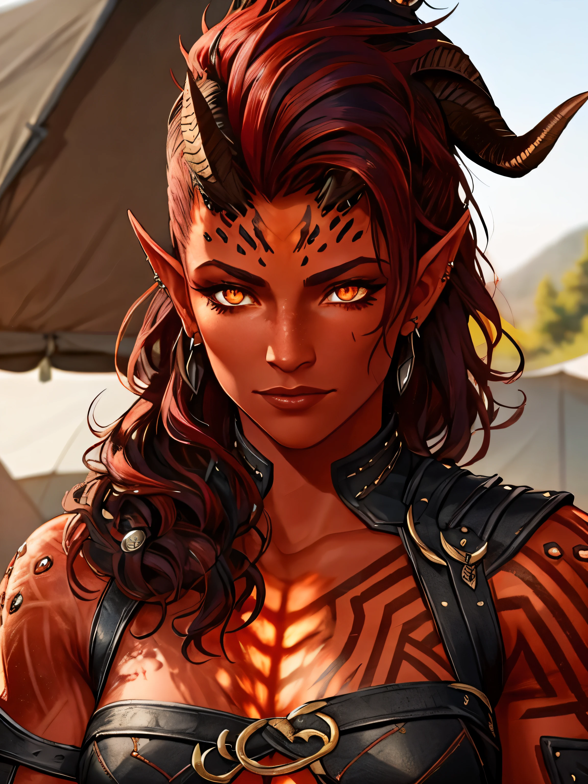 1female Tiefling with red skin, looks like Karlach from Baldursgate, orange eyes,piercings on face, great  skin texture, great eyes, muscle body, one brocken horn at head, wears black leather barbarian clothes, great details, ultra quality, wallpaper, dynamic light, dynamic pose, wears pants, great face, great skin texture, masterpiece, trending on artstation, detailes clothes, calm picture, romantic, great details, inside of a tent as background, great face, good wallpaper, lovely and romantic setting, great detailed textures, soft face expression, close up, great horns, lovely