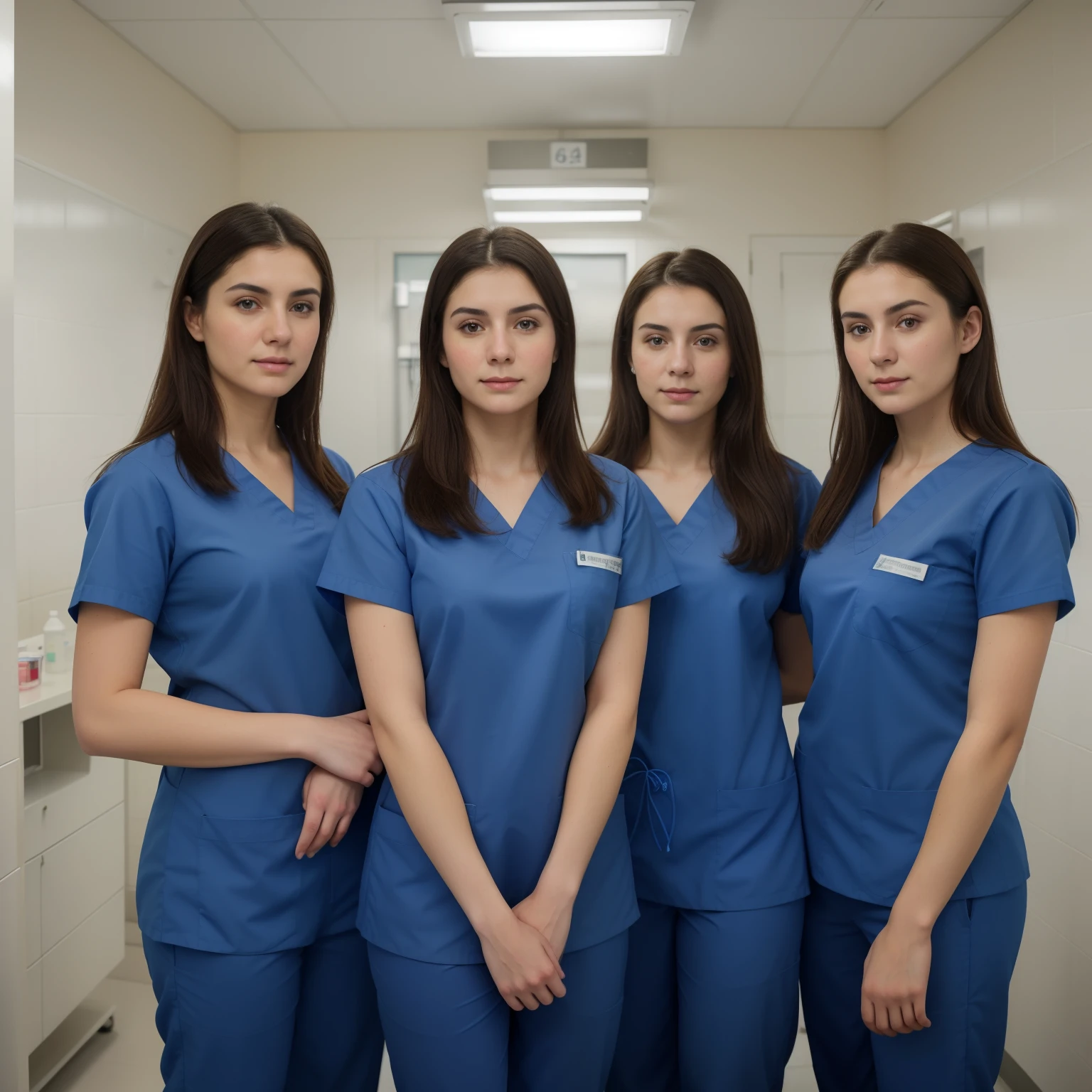 Ultra realistic, Cinematic, team of 3 surgical nurses, 3 german teeanger girls, all girls standing, working in surgery, 19 years old,  body, pale skin, beautiful face, big smile, detailed face, ultra soft and ultra light slight small blue women hospital scrubs, dark royal-blue, ocean blue hospital scrubs, wide angle showing full body,  hospital ward, people, bokeh, all girls wearing surgical caps covering ears and hair