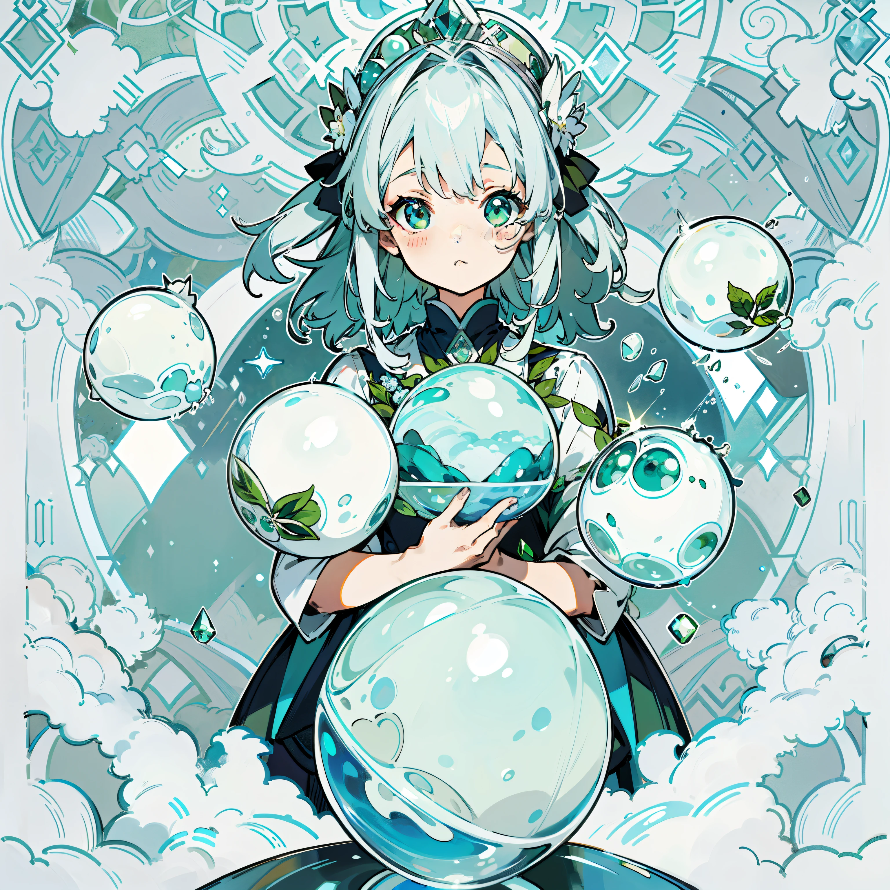 beautiful、Silver Hair、Cute girl with a glass、Multiple light blue marbles、green、Green marbleultiple marblearbles in a glass、race