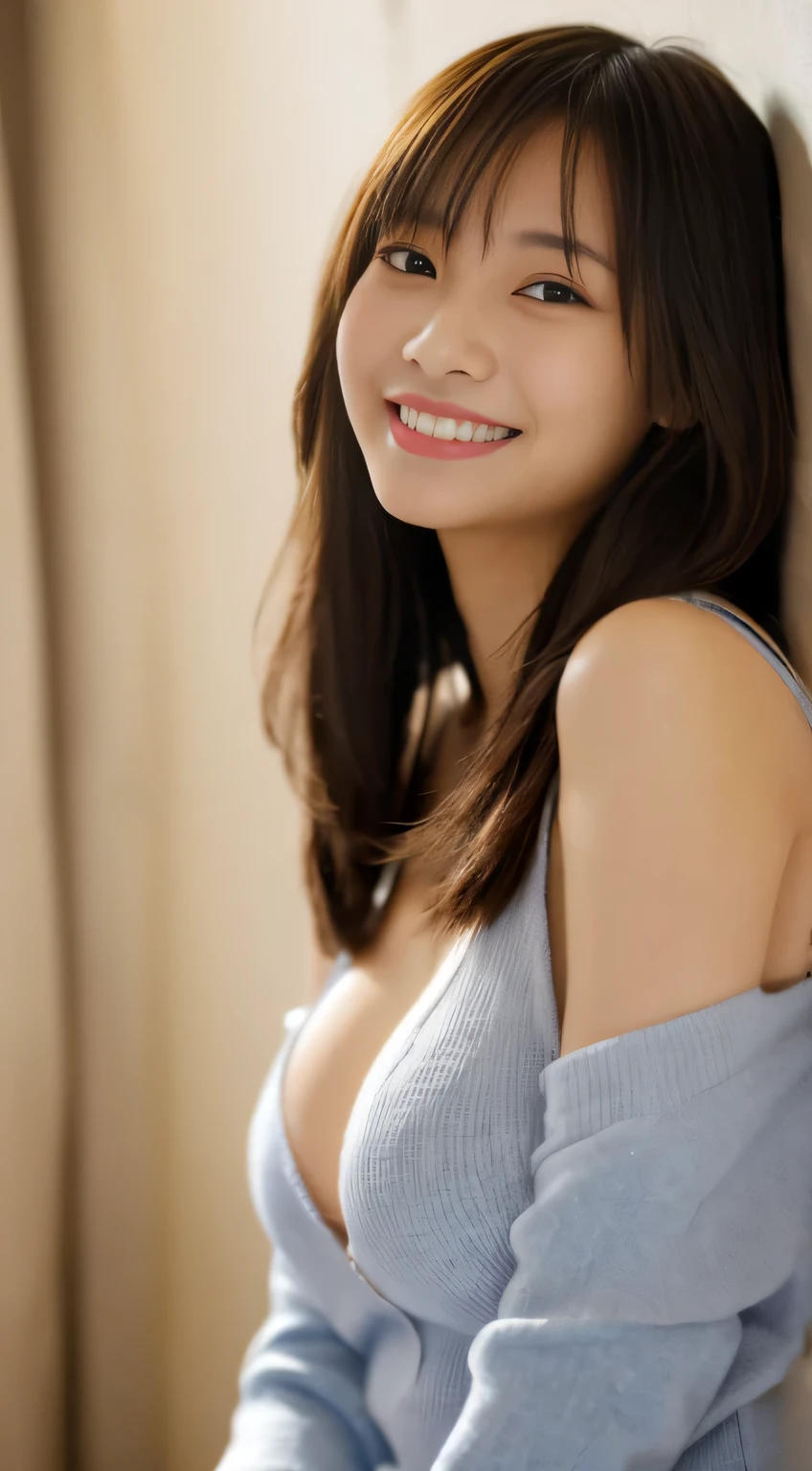 masterpiece,best quality,(Japanese ),((Beautiful girl)),cleavage,indoor,(perfect body beauty:1.2),(shy smile),beautiful teeth,