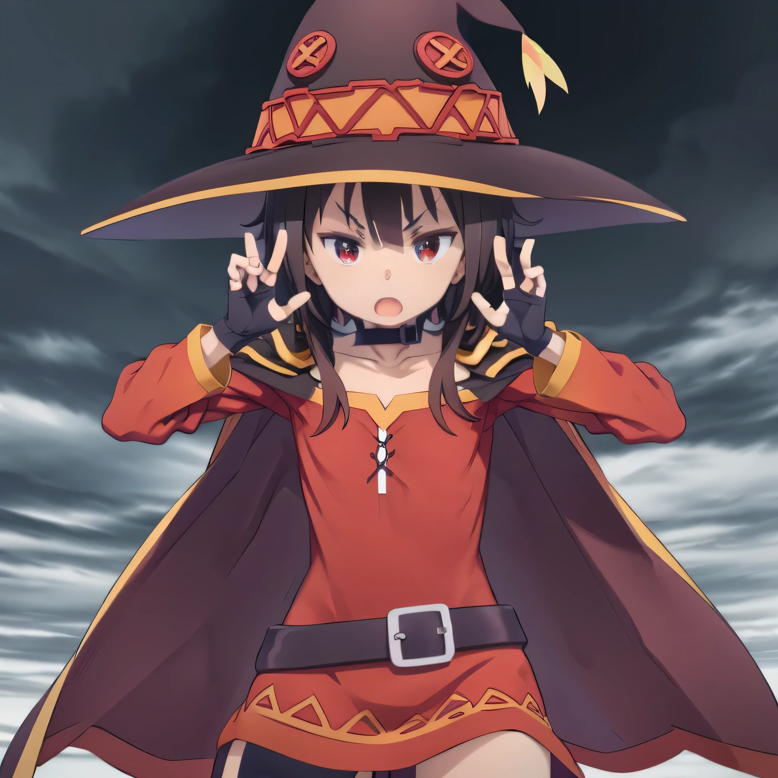 highest quality, masterpiece, High resolution、Cowboy Shot、1People Girls、Red eyes、short hair、Brown Hair、choker、clavicle、short hair with long locks、Side Lock、Small breasts、Witch Hat、Black Cape、Black knee socks、bandage、Red dress、Black gloves、Single knee socks、belt、Orange boots、Asymmetrical legwear、Legs wrapped in bandage、Long sleeve、Fingerless gloves、V-shaped eyebrows、Open your mouth、pose、Dynamic pose、Fighting、Uses magic、Fantasy、Aura emanates from the whole body、magic circle、
