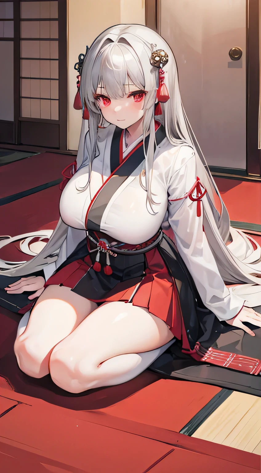 high quality, masterpiece, Very detailed,Long Hair, Beautiful girl,Gray Hair,Red eyes,Japanese style,Embarrassing,Large Breasts,Sit on the ground,Short skirt