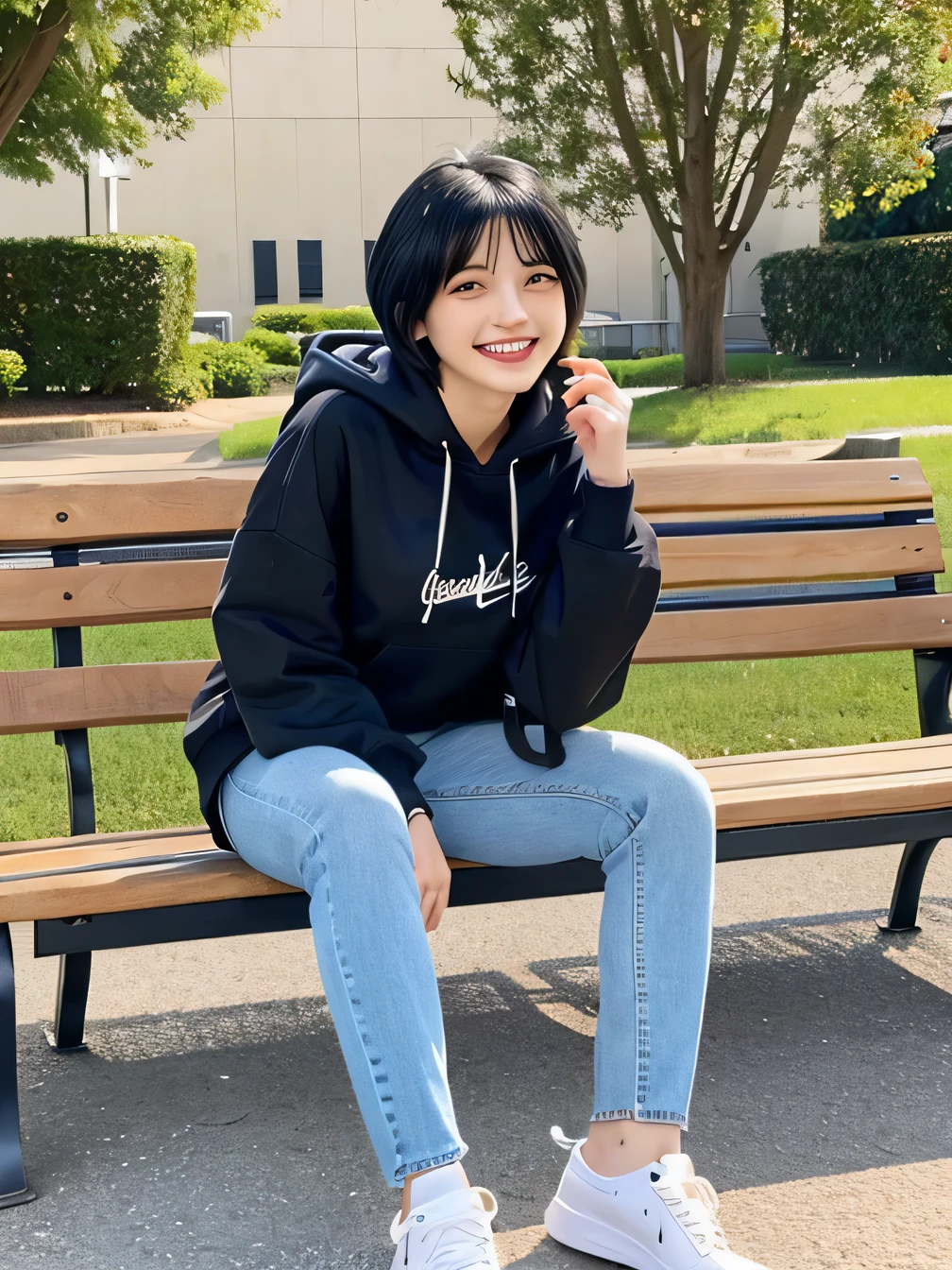 highest quality)), ((masterpiece)), (Get used to it), Perfect Face、((highest quality)), A beautiful and elegant woman sitting on a park bench、ear piercing、hoodie、Skinny jeans、sneakers、Black Hair、Short Haircut、Smiling with teeth showing、Full body photo、Ear piercing information
