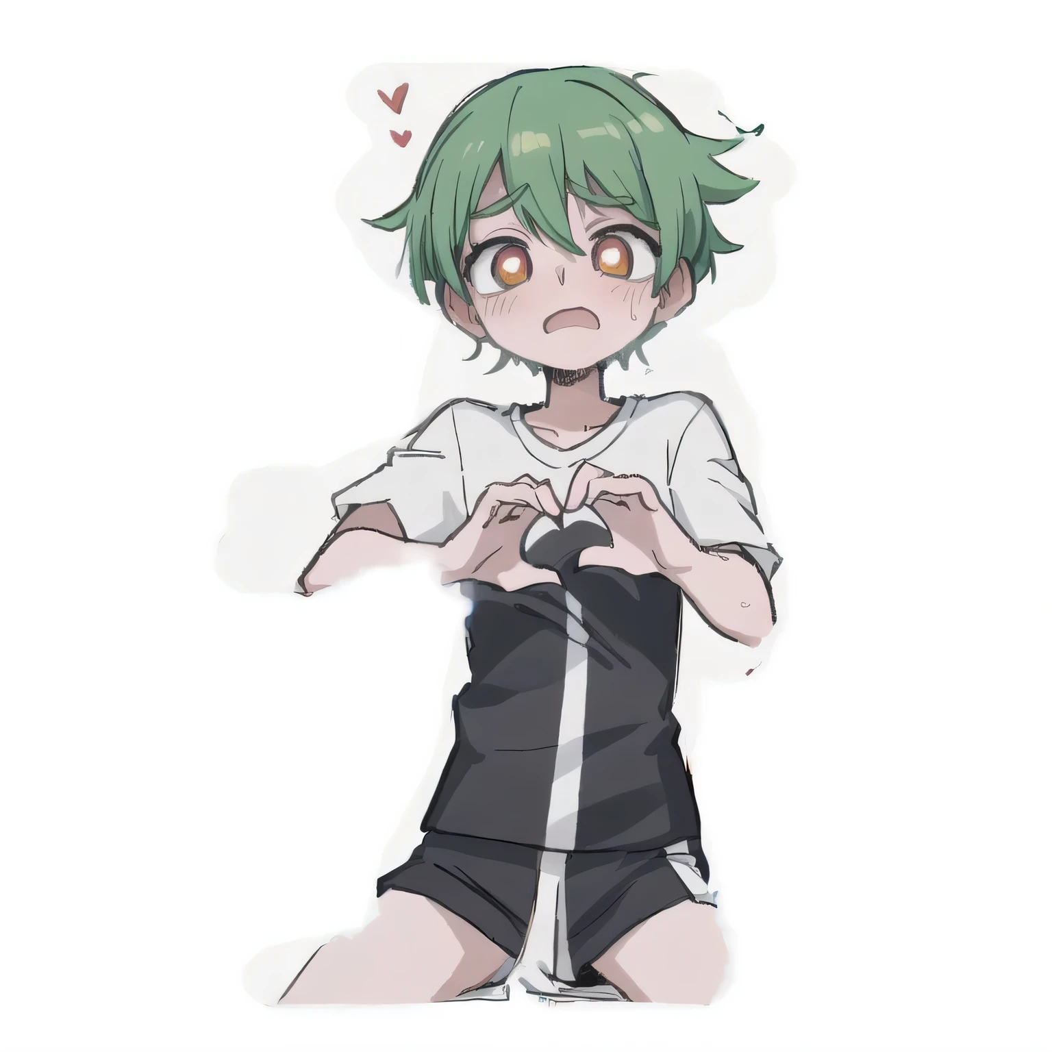 anime boy,Green short hair,White T-shirt with lemon printed on it,(Sitting on the ground0.6), Small curve , (Heart-shaped pupil) , Squat position ,Hands making love gesture ,shy ,sweat ,(Dark red rectangular background with white border around it:2.5) ,High Detail ,high quality