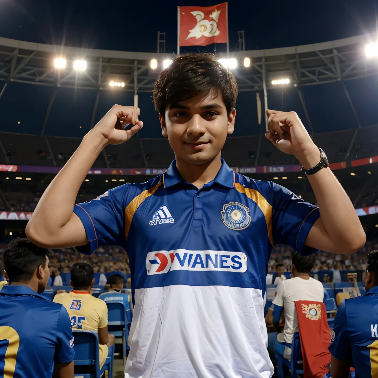 1 boy watching Ipl in Ekana stadium jursey name Mangal jursey number 45. Wearing a Mumbai Indians jursey catch a flag of Mumbai Indians 