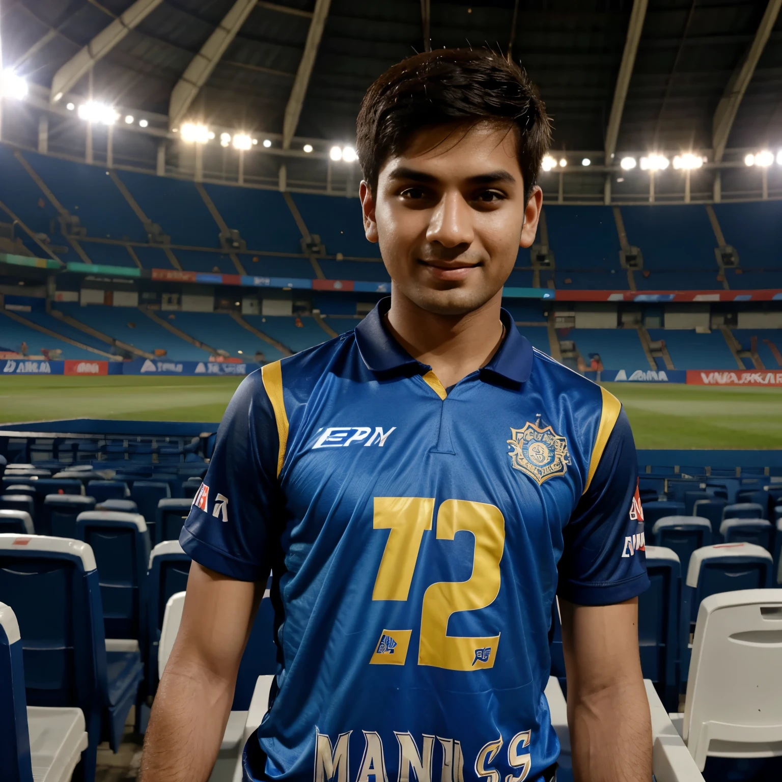 1 boy watching Ipl in Ekana stadium jursey name Mangal jursey number 45. Wearing a Mumbai Indians jursey catch a flag of Mumbai Indians