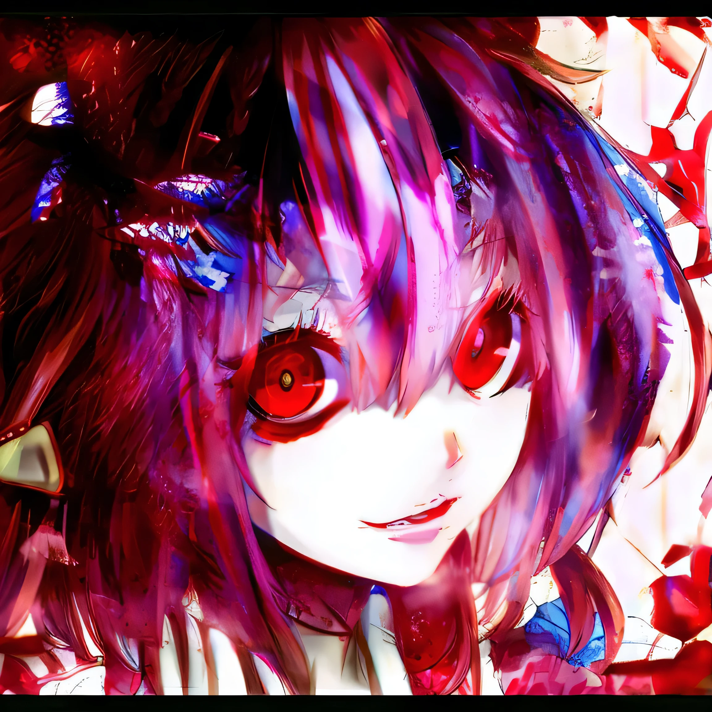 Anime girl with white eyes and black hair with butterfly decoration, with vivid purple eyes, fully red eyes, luminous red eyes, anime styled 3d, with glowing red eyes, anime styled digital art, , Bright red eyes, with red glowing eyes, Violet eyes, Red eyes, ((Red)) baggy eyes, with glowing purple eyes
