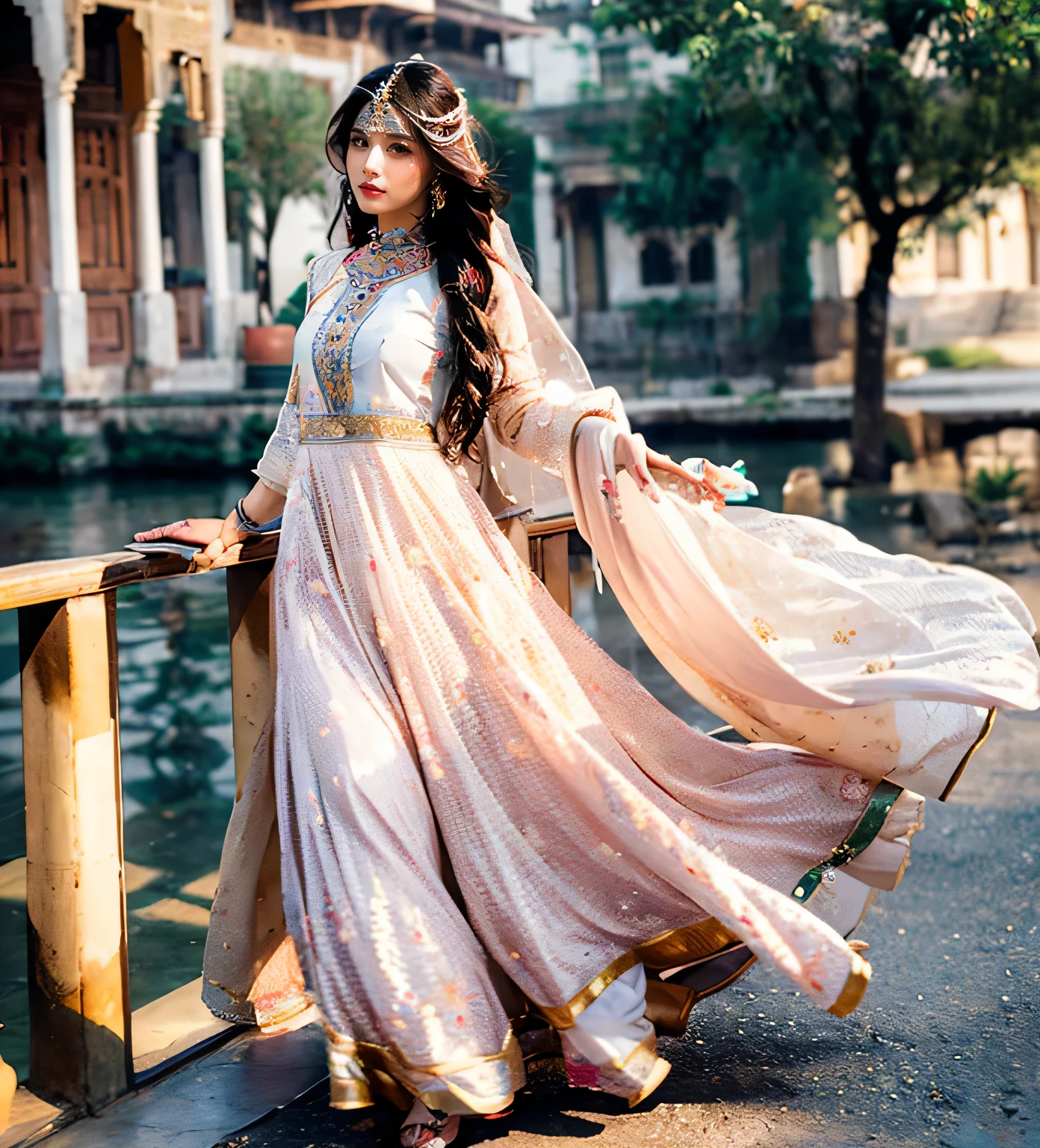 (goddess-like happiness:1.2), Gentle and lovely Pakistani Girl, double eyelids, peach blossom eyes, pink lips, small nose, close-up of face, super high definition, super detail, full body photo, Facing the Camera, Pakistan's Anarkali, best ratio, Pakistani Style, floating hairs, Traditional Pakistani dress, Anarkali, (RAW photo:1.2), (photorealistic:1.4), (masterpiece:1.3), (intricate details:1.2), A glamorous Pakistani beauty walks confidently and elegantly down an old streets of Pakistan in Anarkali, and when she reaches the end of a footbridge, she stops and strikes a pose to show off her outfit from all angles.
