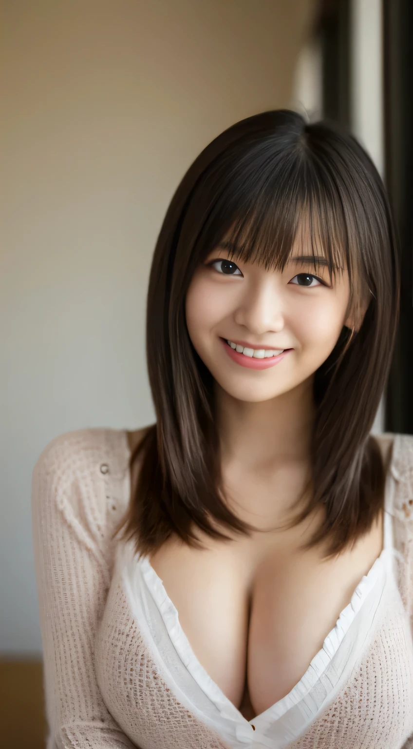 masterpiece,best quality,(Japanese ),((Beautiful girl)),cleavage,indoor,(perfect body beauty:1.2),(shy smile),beautiful teeth,