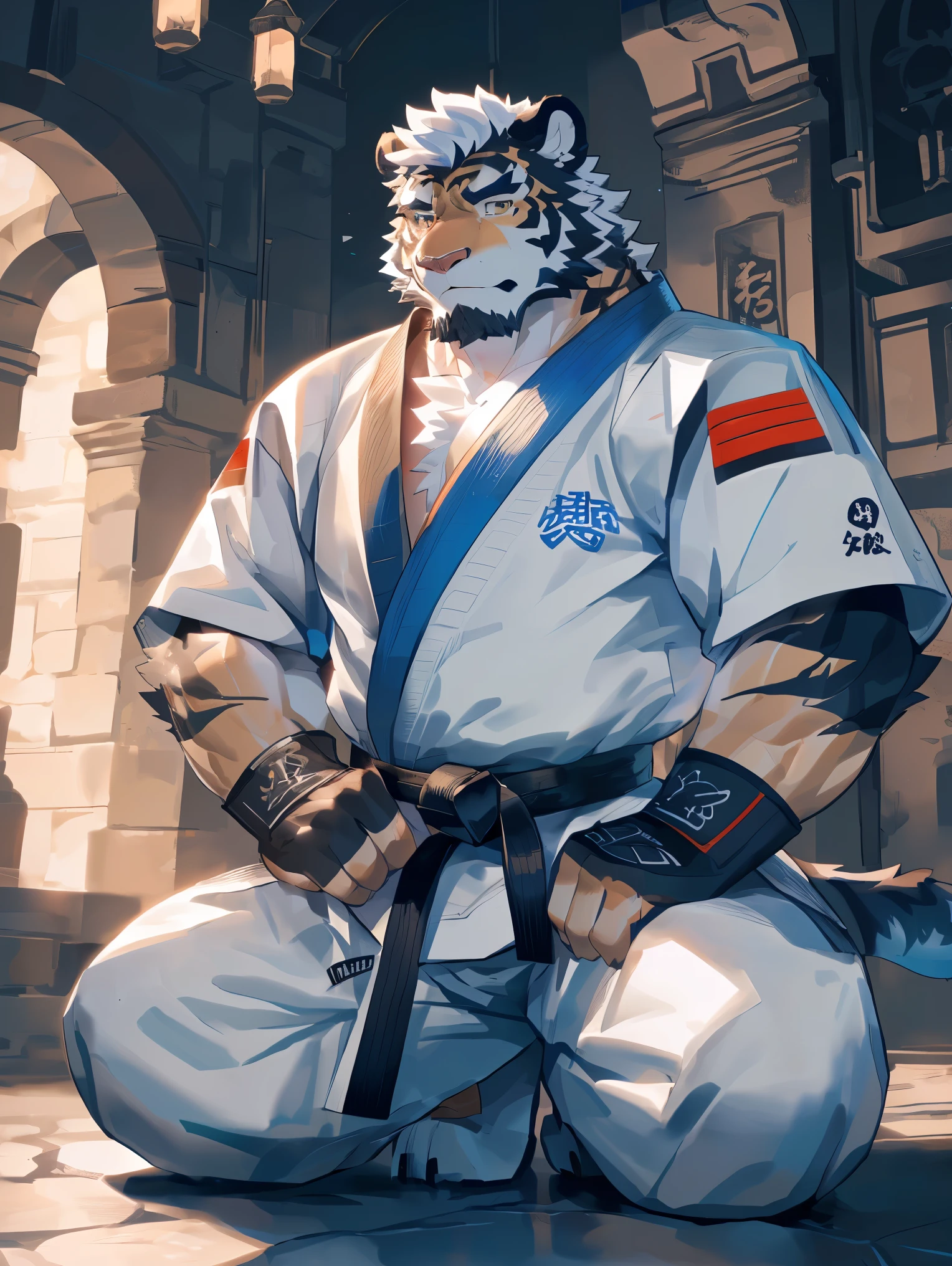 (White skintiger),(上Half Body赤膊:1.7),(Martial Arts衣服:1.4),(Holding a long sword),(Awesome posture),Half kneeling,(The background is a dark, damp and eerie dungeon.:1.5),(Abdominal muscles),Heroic飒爽,完美的masterpiece,Various facial details,Close-up view,specific description,masterpiece,(cg),(Golden Eyes),Black and white pattern,Black and white tail,Military commander,Heroic,tiger,Black and white fur，Concrete facial details,Half Body,(Chang Ling),((middle aged)),(Face Focus),(16k),(HD),black and white belly，temple，beard,(Face lines),(Heterochromia,),(Black and white hair),(Strong:1.2),(muscle:1.3),(high resolution:1.3),(Close up),(Detailed face:1.5)，Perfect details,(Half Body),(Detailed depiction of the face:1.5),(Zoom in on the face:1.5),(白色Face lines:1.2),(黑色beard:1.3),(White face:1.6),(white body),(White skin,black strips:1.3),(White cheeks:1.5),(The skin color of the face is white:1.3),cg,(The smell of quacks:1.3),(Martial Arts:1.5),(Knight:1.5),