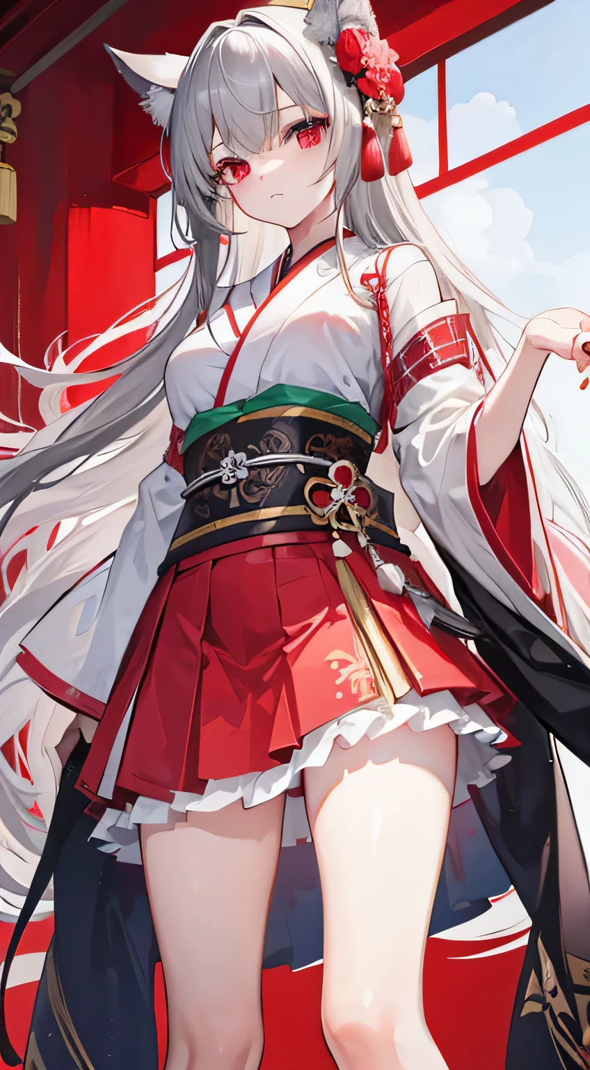 high quality, masterpiece, Very detailed,Long Hair, Beautiful girl,Gray Hair,Red eyes,Japanese style,to be chained,Short skirt