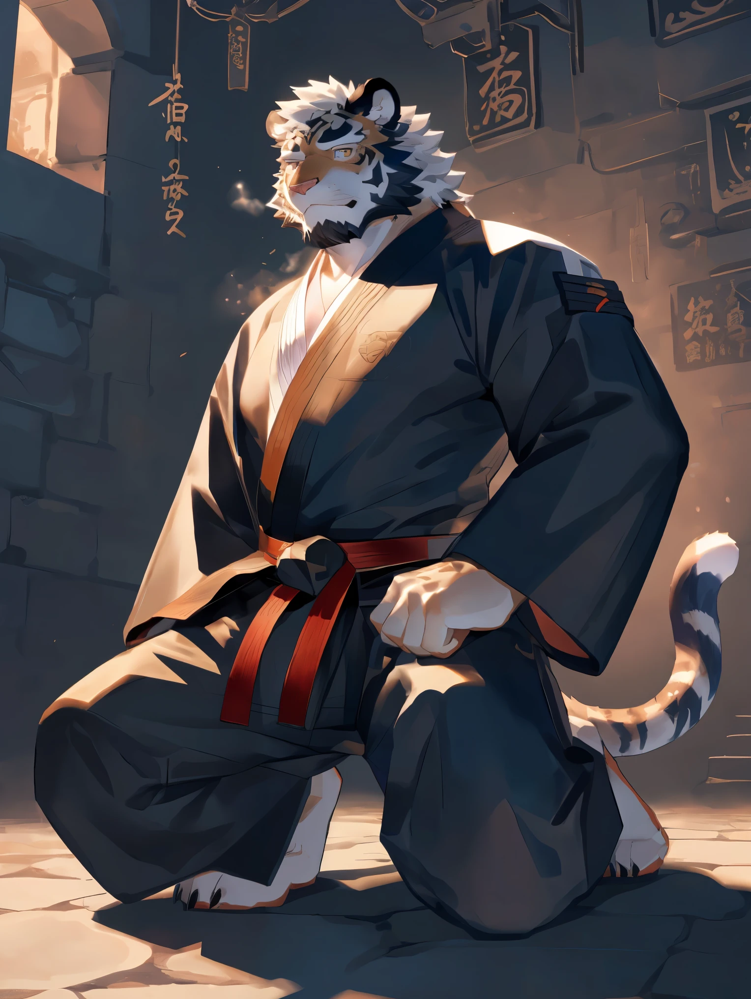 (White skintiger),(上Half Body赤膊:1.7),(Martial Arts衣服:1.4),(Holding a long sword),(Awesome posture),Half kneeling,(The background is a dark, damp and eerie dungeon.:1.5),(Abdominal muscles),Heroic飒爽,完美的masterpiece,Various facial details,Close-up view,specific description,masterpiece,(cg),(Golden Eyes),Black and white pattern,Black and white tail,Military commander,Heroic,tiger,Black and white fur，Concrete facial details,Half Body,(Chang Ling),((middle aged)),(Face Focus),(16k),(HD),black and white belly，temple，beard,(Face lines),(Heterochromia,),(Black and white hair),(Strong:1.2),(muscle:1.3),(high resolution:1.3),(Close up),(Detailed face:1.5)，Perfect details,(Half Body),(Detailed depiction of the face:1.5),(Zoom in on the face:1.5),(白色Face lines:1.2),(黑色beard:1.3),(White face:1.6),(white body),(White skin,black strips:1.3),(White cheeks:1.5),(The skin color of the face is white:1.3),cg,(The smell of quacks:1.3),(Martial Arts:1.5),(Knight:1.5),