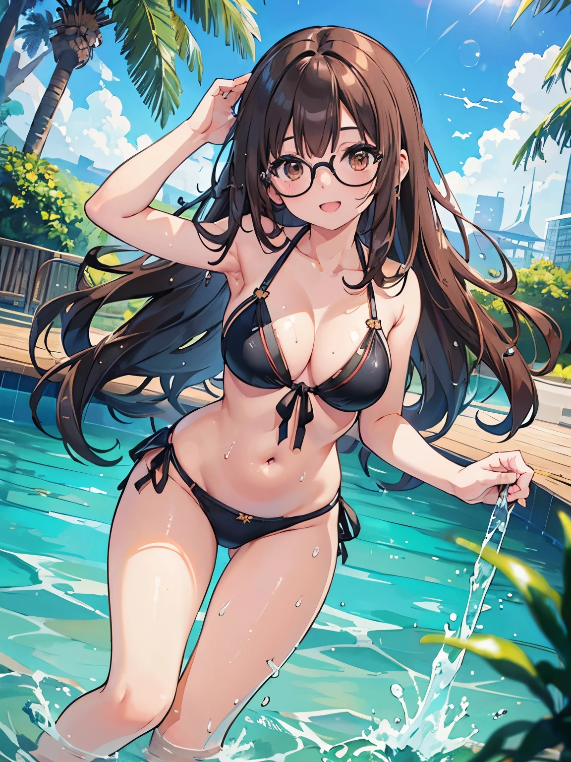 1 Female、Brown hair、Brown Eyes、Best Quality、Super detailed、8 Resolution、Raw photo、Mastepiece、Perfect Body、high resolution、highest quality、Detailed drawing、Vibrant colors、lure、smile、Long Hair、Black-rimmed glasses、Captivating breasts、bikini、Pool、Water Play