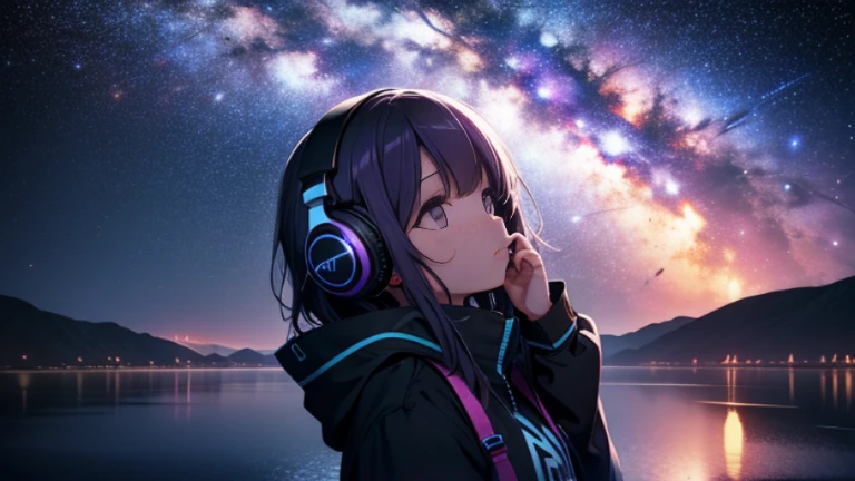 A girl wearing headphones looking up at the night sky where the large purple-blue Milky Way galaxy can be seen beyond the horizon.. Distant shots. cinematic. wide angle. 4k.