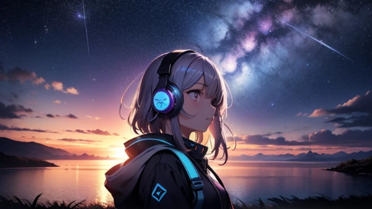 A girl wearing headphones looking up at the night sky where the large purple-blue Milky Way galaxy can be seen beyond the horizon.. Distant shots. cinematic. wide angle. 4k.
