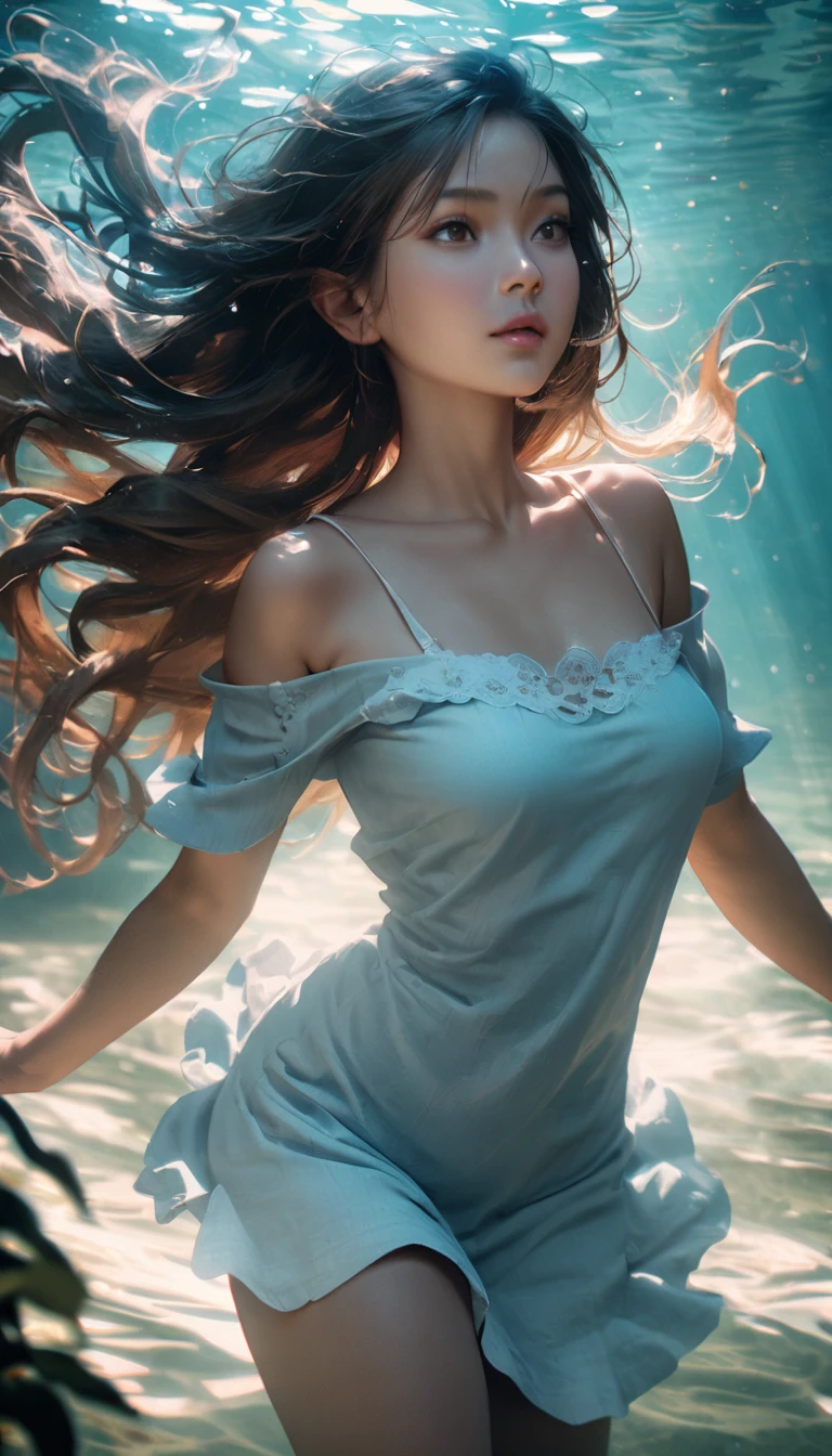 1girl, dives underwater, loose and short tunic, detailed skin texture, beautiful blue sea, sunlight streaming through the water, flowing hair, dreamlike atmosphere, vibrant underwater world, (8k, RAW photo, best quality, masterpiece:1.2),(realistic, photo-realistic:1.37),