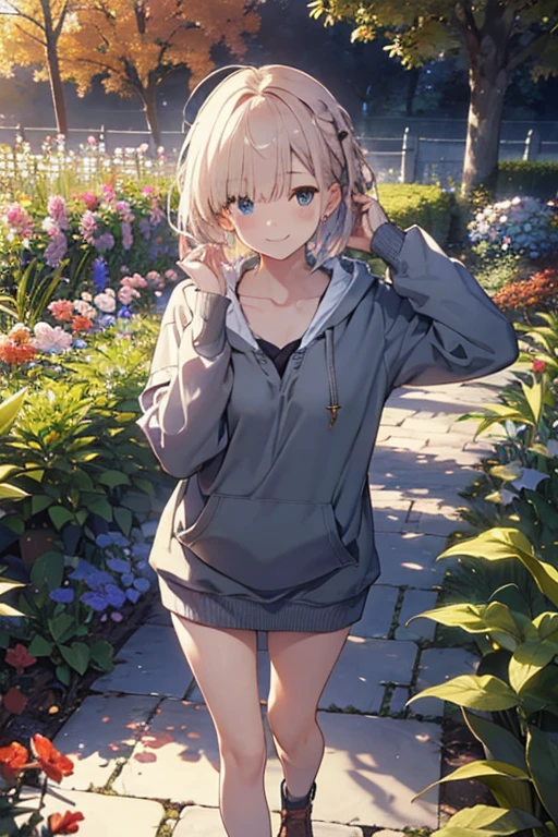（Dirty looking girl:1.3）、(Daylight hours:1.5)、(Chest and:1.4)、Raw photo, highest quality, High resolution, (masterpiece), (Photorealistic:1.4), (Mole under the eye),anime , Sharp focus, Hmph, 8k resolution, Intricate details, Depth of written boundary, Highly detailed CG Unity 8k wallpaper, Front light, woman,Age 25、 smile,smile、Bangs covering one eye、(Tying up hair:1.5)、(Medium short rainbow hair)、(big down hoodie)、blue eyes,(garden:1.5)、(walk:1.3)、(Full body description)、mobile phone、Shining World、autumn、wood々、Dongdong