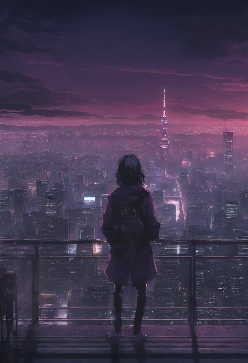 Close-up of the city with neon sunset in the background, Synthwave City, vaporwave city, Synthwave aesthetics, Neon City in the background, Background of Neo Tokyo, Neon metropolis in the background, Futuristic urban background, cyberpunk aesthetics, The city's backstory is cyberpunk, Purple Cyberpunk City, cyberpunk city background, cyberpunk aesthetics, cyberpunk atmosphere, Cyberpunk cityscape,anime clouds, Anime background, anime sky, in style of makoto shinkai, Beautiful puffy clouds. the anime, style of makoto shinkai, makoto sinkai!, beautiful anime scenery, based on Makoto Shinkai, Anime Landscape Wallpaper, makoto sinkai!!, Makoto Shinkai art style,japanaese girl,pale skin,beatiful face(purple hair)red jacket,Tokyo at night, with Cyberpunk style,Japanese streetwear,Tokyo Fashion,In a Cyberpunk 2 jacket 0 7 7,Full-length,attractive pose,Bottom view