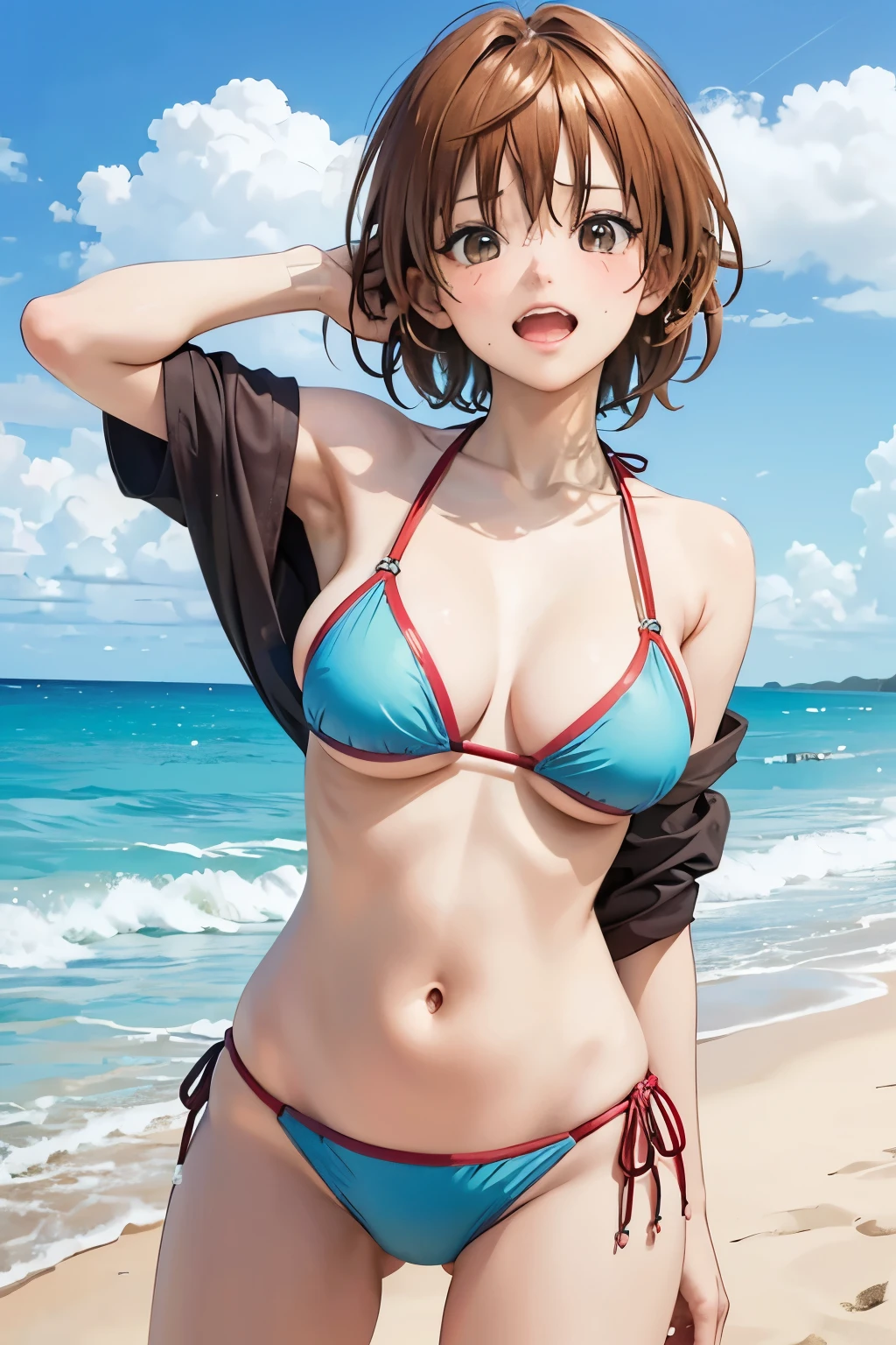 beach, yawning face, hand on heads, offshoulder, 40k, photography, masterpiece, best quality, (riko), medium breasts, (bikini), varied poses,