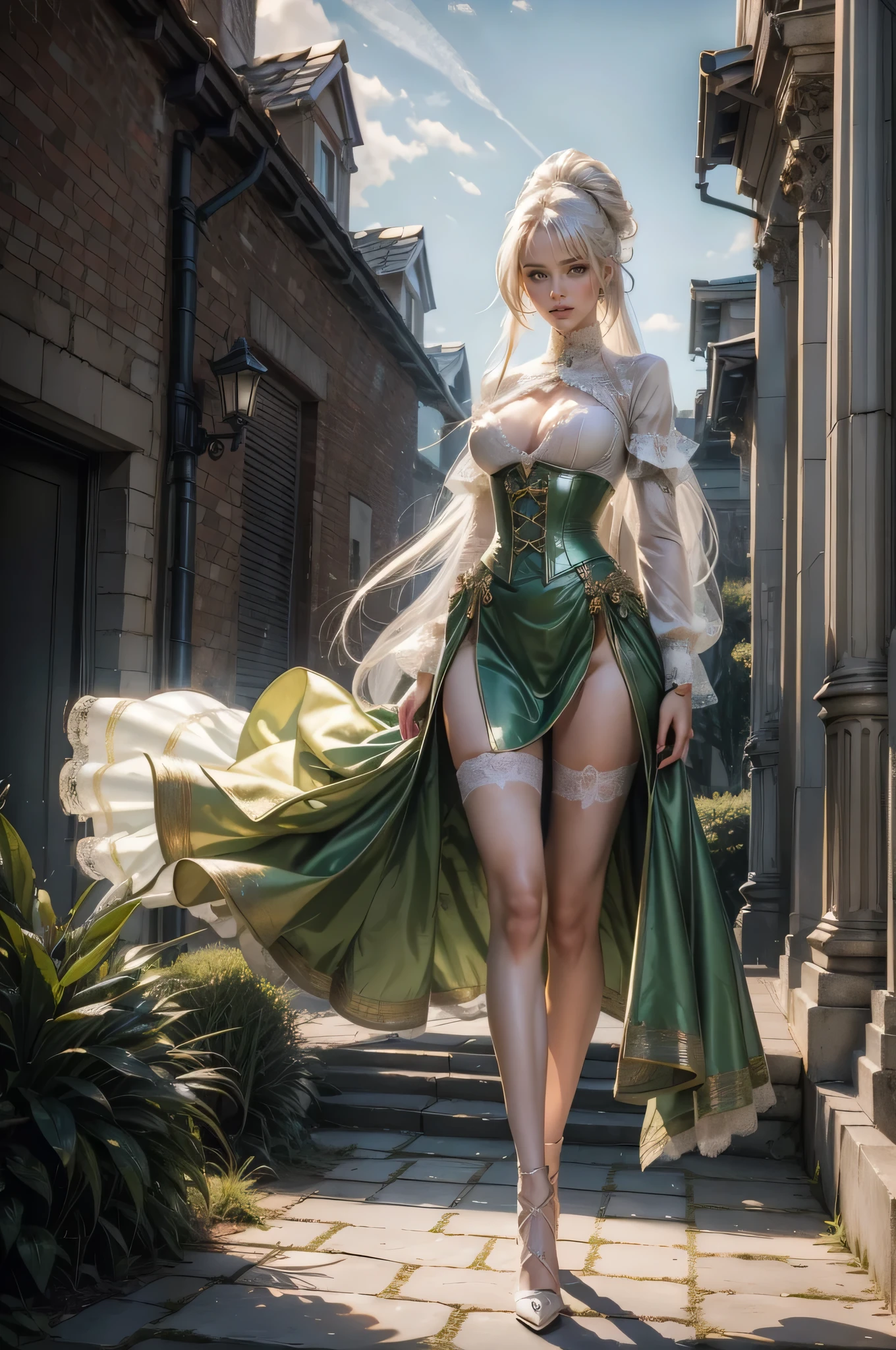 ((show full body from head to toe, standing, body facing to the viewer (show front body)). Pale skin, Tall body, fit body, slender body, medium breast. Exquisite eyes, shiny skins, gorgeous, pretty face, pink lips, perfect figure. A female wizard wearing green and white clothes, long sleeves(lace sleeves), skirts, corset, cloak, robes, cape, gloves, stockings, show heels. long white hair with bangs (updo). Masterpiece:1.5, illustration:1.1, best quality:1.5, fine detail, perfect detail, 4k, HDR, balance focused camera view, centered camera view, middle camera view, vertical scape camera, five fingers straight, natural lighting, bright lighting, sunlight, daylight, sharp focus, smooth detail, HDR, big resolution. Outdoor, bright sky.