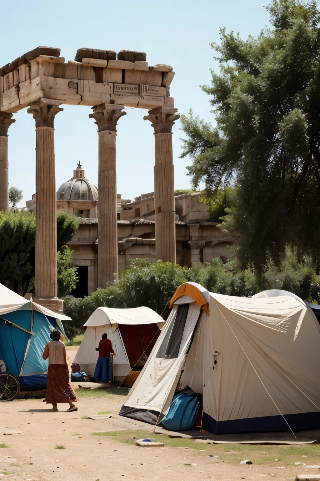 Gypsies camped in the Roman imperial forums, background Rome,