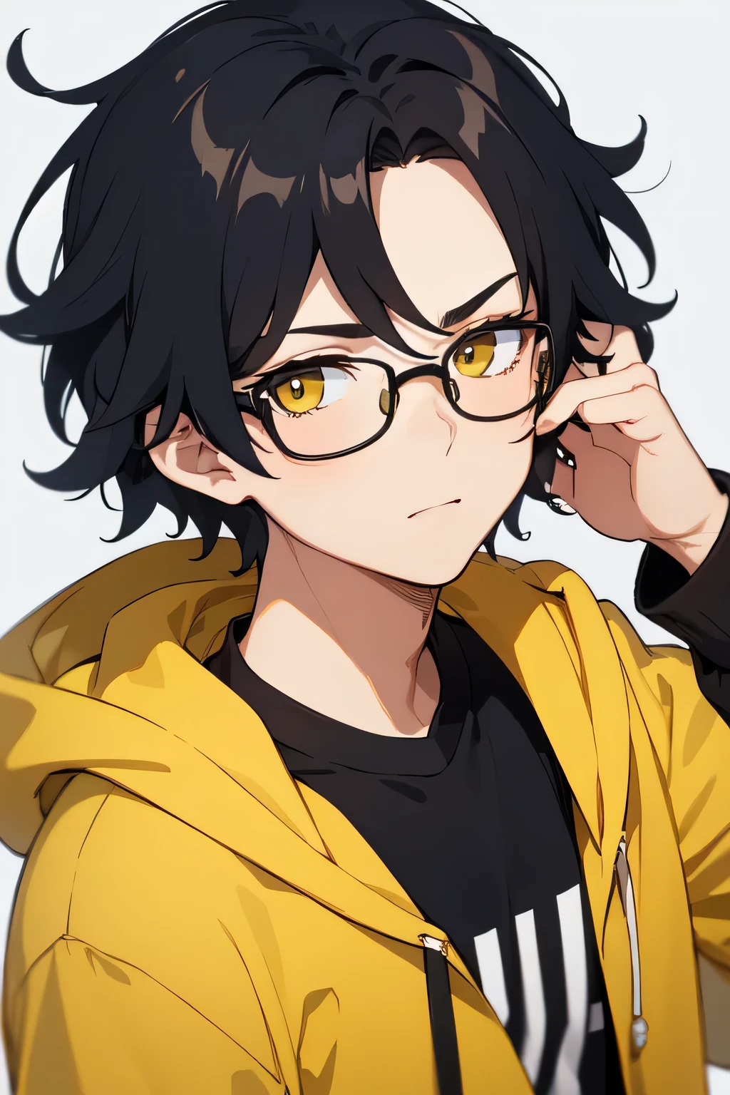 Create a boy with cool looking hair and with yellow hoodie his hairs waving in air and he wears black glasses and a face flex with 18 age